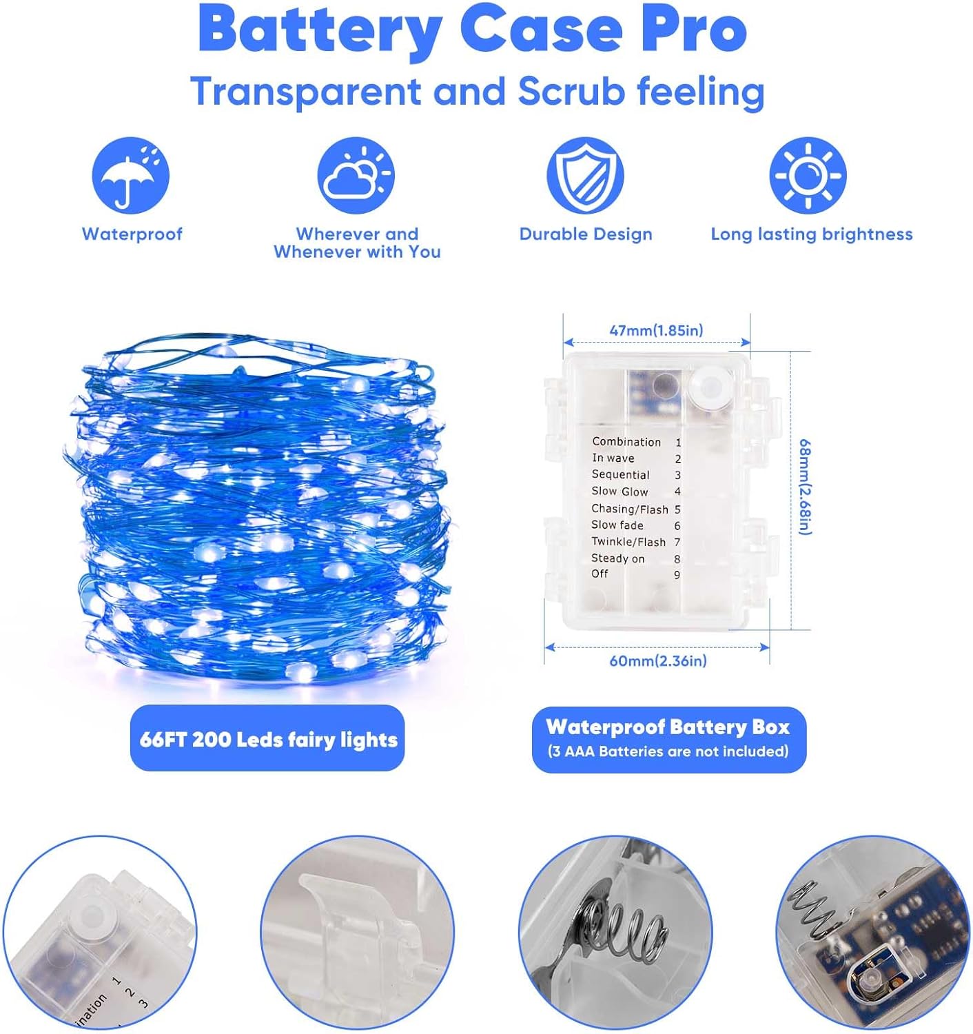 4 Pack 65.6 Ft. Battery Operated Outdoor String Lights with Remote & Timer, LED Blue Fairy Lights, Waterproof Twinkle Lights for Bedroom, Dorm, Mason Jar, Wedding, Party, Christmas