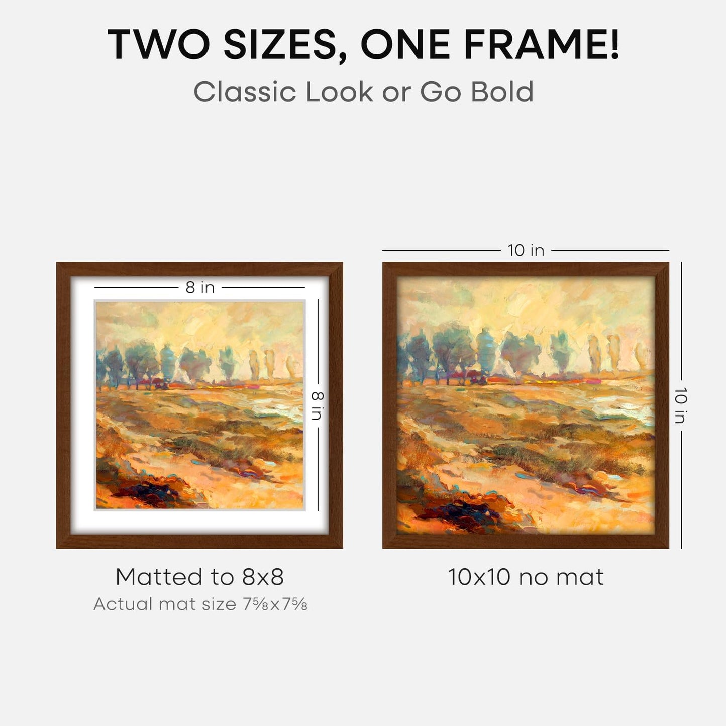 Homeforia 10x10 Picture Frame Brown, High-End Dark Oak 10 x 10 Square Brown Wood Frames with Mat 8 by 8 Photo, 10by10 Wooden Walnut Poster Frame Matted to 8x8 Print, Tempered Glass, Wall Kit, Set of 1