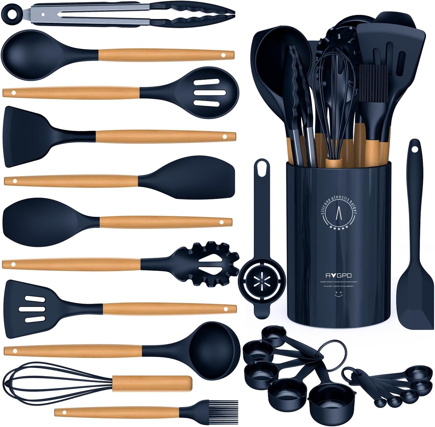 Silicone Cooking Utensils Set - Silicone Kitchen Utensils for Cooking Wooden Handles, 446°F Heat Resistant Kitchen Utensil Spatula Sets w Holder, Gadgets for Non-Stick Cookware BPA FREE (Navy Blue)
