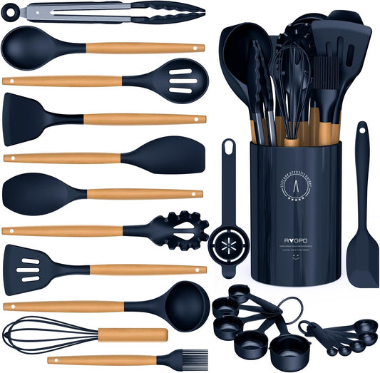 Silicone Cooking Utensils Set - Silicone Kitchen Utensils for Cooking Wooden Handles, 446°F Heat Resistant Kitchen Utensil Spatula Sets w Holder, Gadgets for Non-Stick Cookware BPA FREE (Navy Blue)