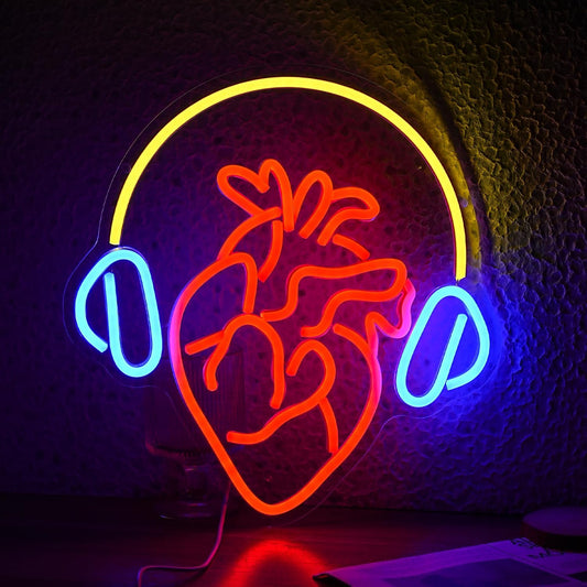Heart With Headphone Neon Sign USB Power Music Heart Neon Light Dimmable Music Lover Led Art Sign Wall Decor for Bedroom Bar Party Studio Unique Gift for Music Enthusiasts