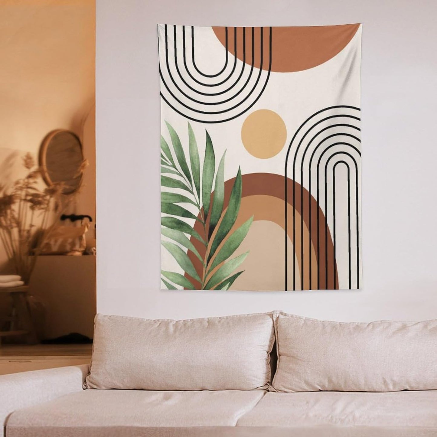Abstract Bohemian Mid Century Tapestry, Tropical Leaves Modern Geometric Archway Minimalist Bohemian Botanical Aesthetic Wall Hanging, Sage Green Gold Home Decor Art for Bedroom 30x40 Inch