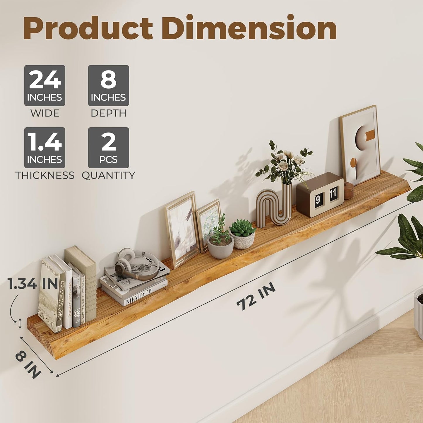 Axeman 72 inch Extra Long Floating Shelves for Wall - 8'' D Live Edge Rustic Solid Elm Wood Floating Shelves Wall Mounted, Wall Shelves with Invisible Bracket for Living Room Bedroom Kitchen, Natural