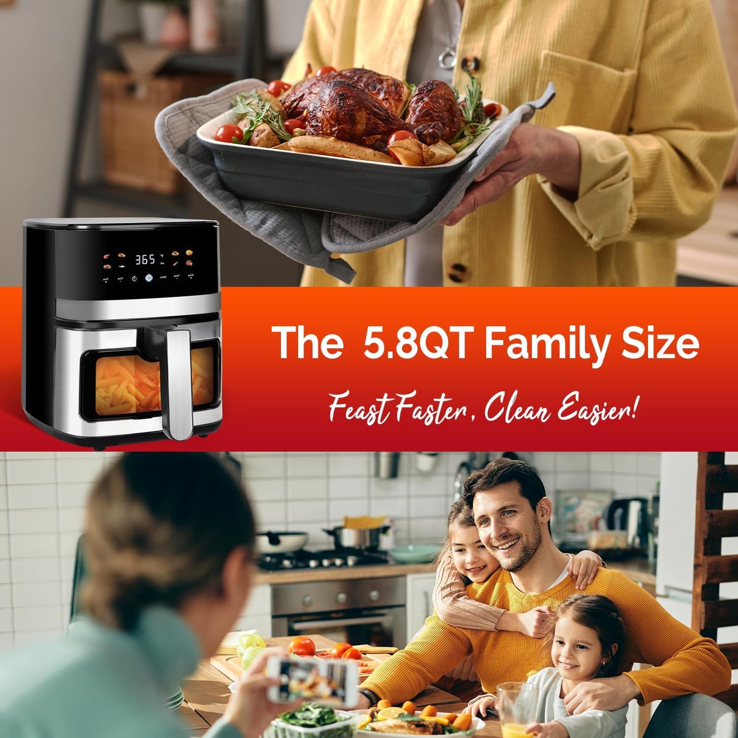 5.8QT Digital Air Fryer with Viewable Window, Adjust Temp & Timer, Air Frying, Reheat, Easy for Frozen Food, Snacks, Dinner, Large Square Basket than Round, Portable for Family & Apartment