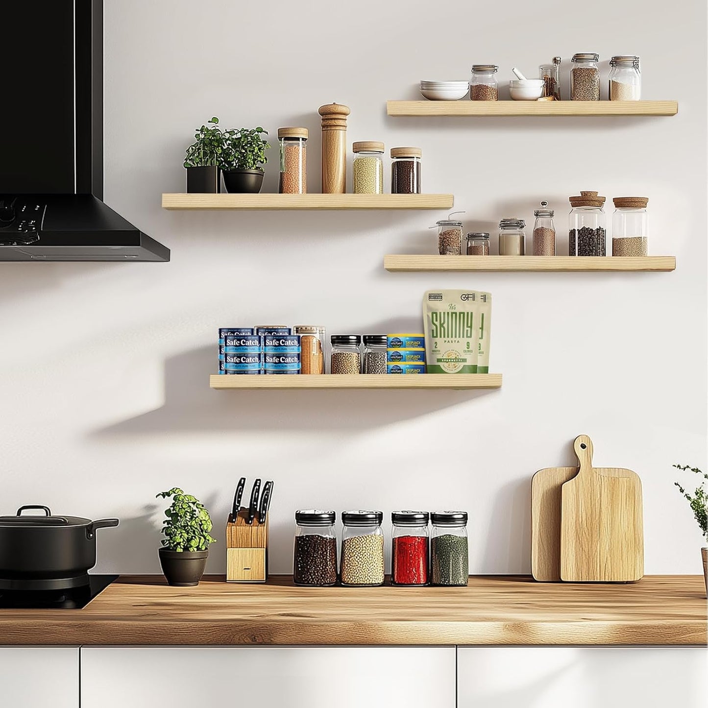 Floating Wall Shelves 4-Pack - Rustic Wood 16-inch Wooden Wall Shelves for Storage and Décor, Multi-Functional and Easy to Install for Living Room, Bedroom, and Kitchen