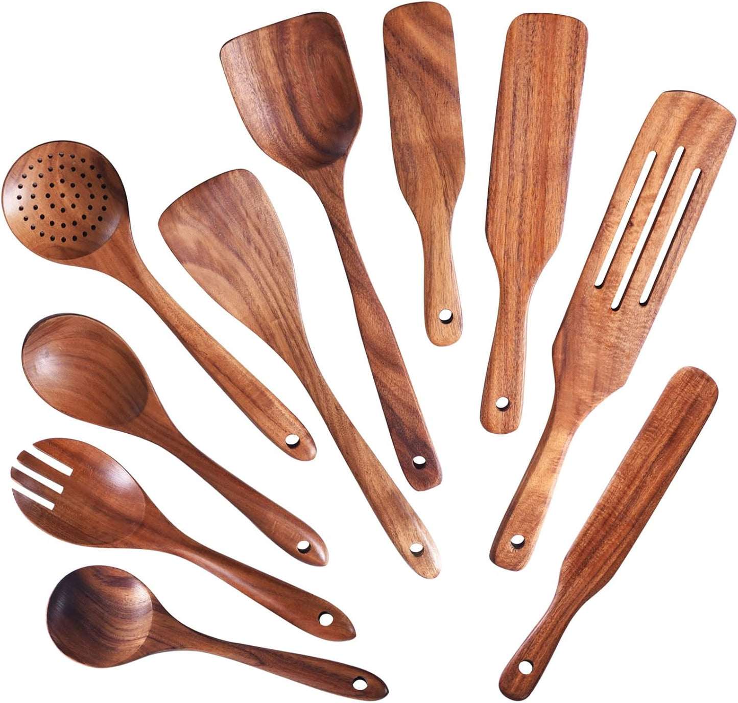 Wooden Spoons for Cooking,GUDAMAYE 10 PCS Wooden Kitchen Utensils Set,Wooden Cooking Utensils For Non-stick Pan,Teak Wood Utensils Set,Spurtles Kitchen Tools As Seen On Tv