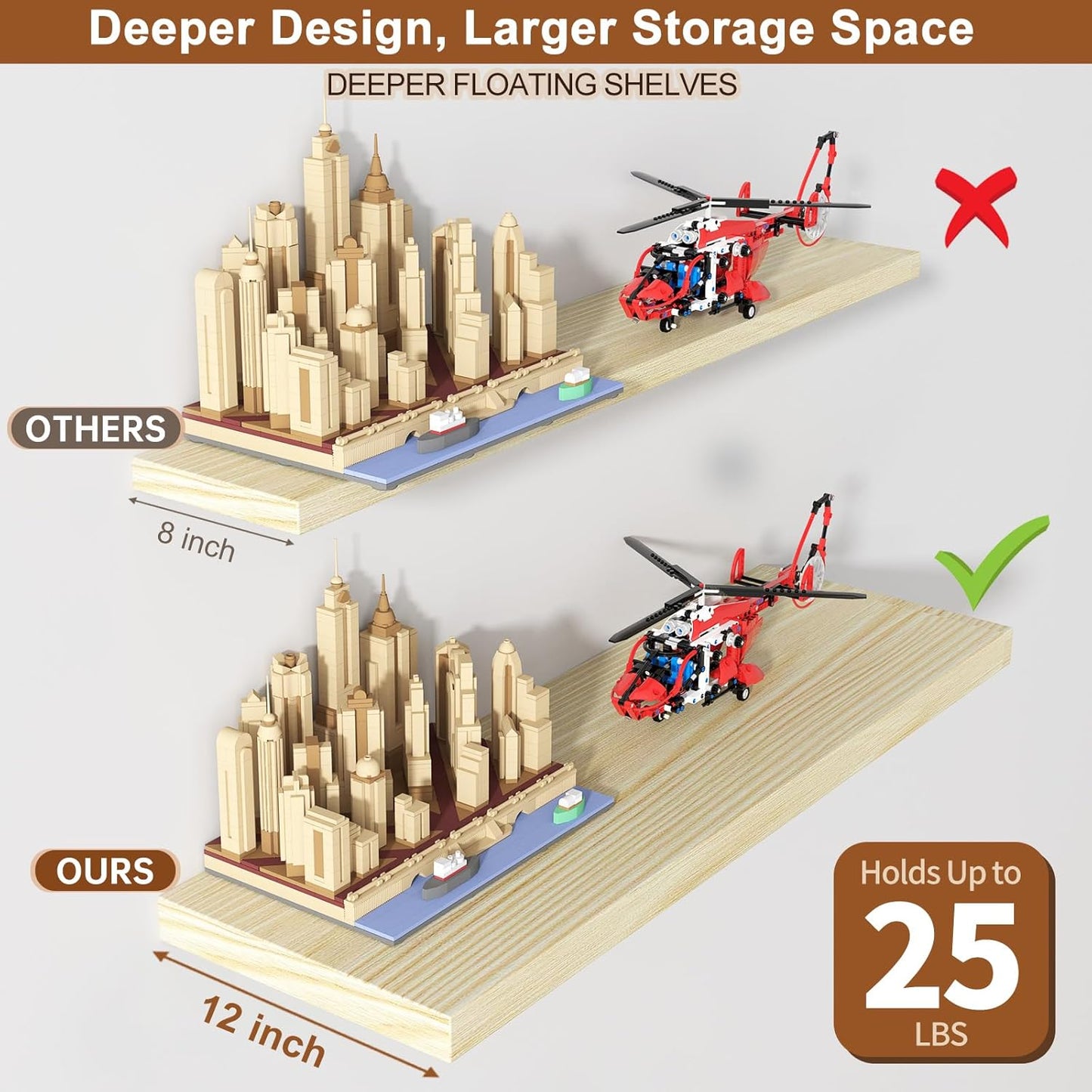 12 Inch Deep Floating Shelves for Wall 1 Pack Floating Shelves Large Storage Space Wall Mount Shelf for Living Room Kitchen Bathroom 36" W x 12" D x 1.2" H Oak