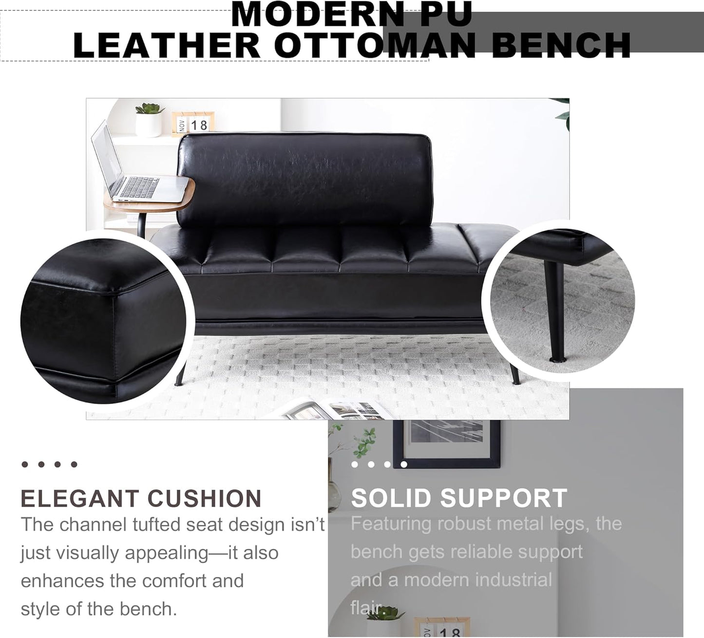 Sofa,Bed Bench,Small Spaces Furniture,Polyurethane Leather,Wood Frame,High Density Sponge Infillings,360-Degree Swivel Tray,Black Metal Leg (Black)