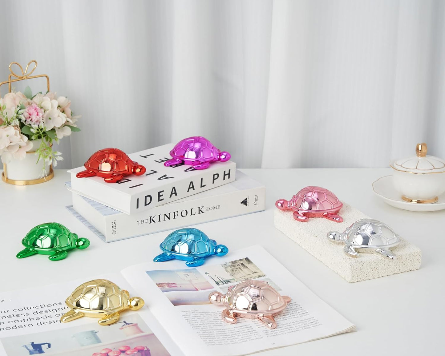 Small Sea Turtle Statue 4 inch Shiny Hot Pink Accent Knick Knacks Paperweight for Bathroom Home Office Shelf Desk Table Decor, Cute Sea Turtle Gifts for Women