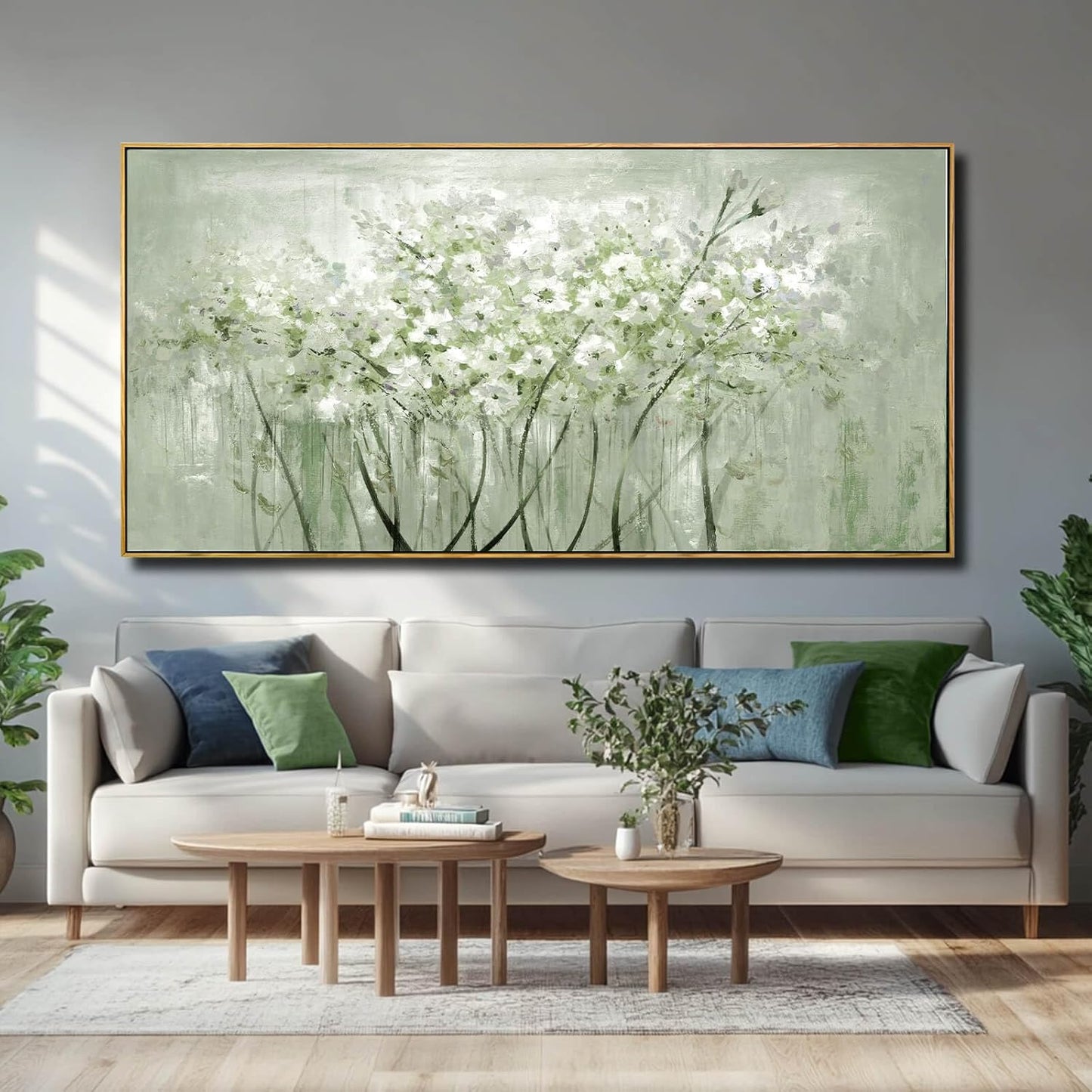 Framed Green Flower botanical Canvas Wall Art 29"x58" Modern Botanical Poster Artwork for Bedroom Living Room Office Kitchen Decor