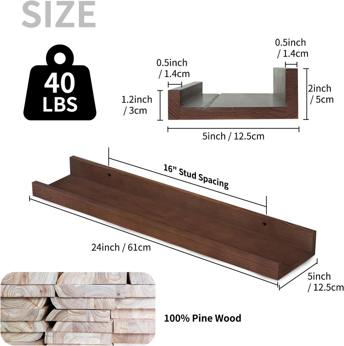 SAUMONIERES Picture Ledge Shelf Floating Book Shelves Set of 2 Wall Mounted Solid Wood for Bedroom Bathroom Living Room Kitchen, 24 Inch Walnut