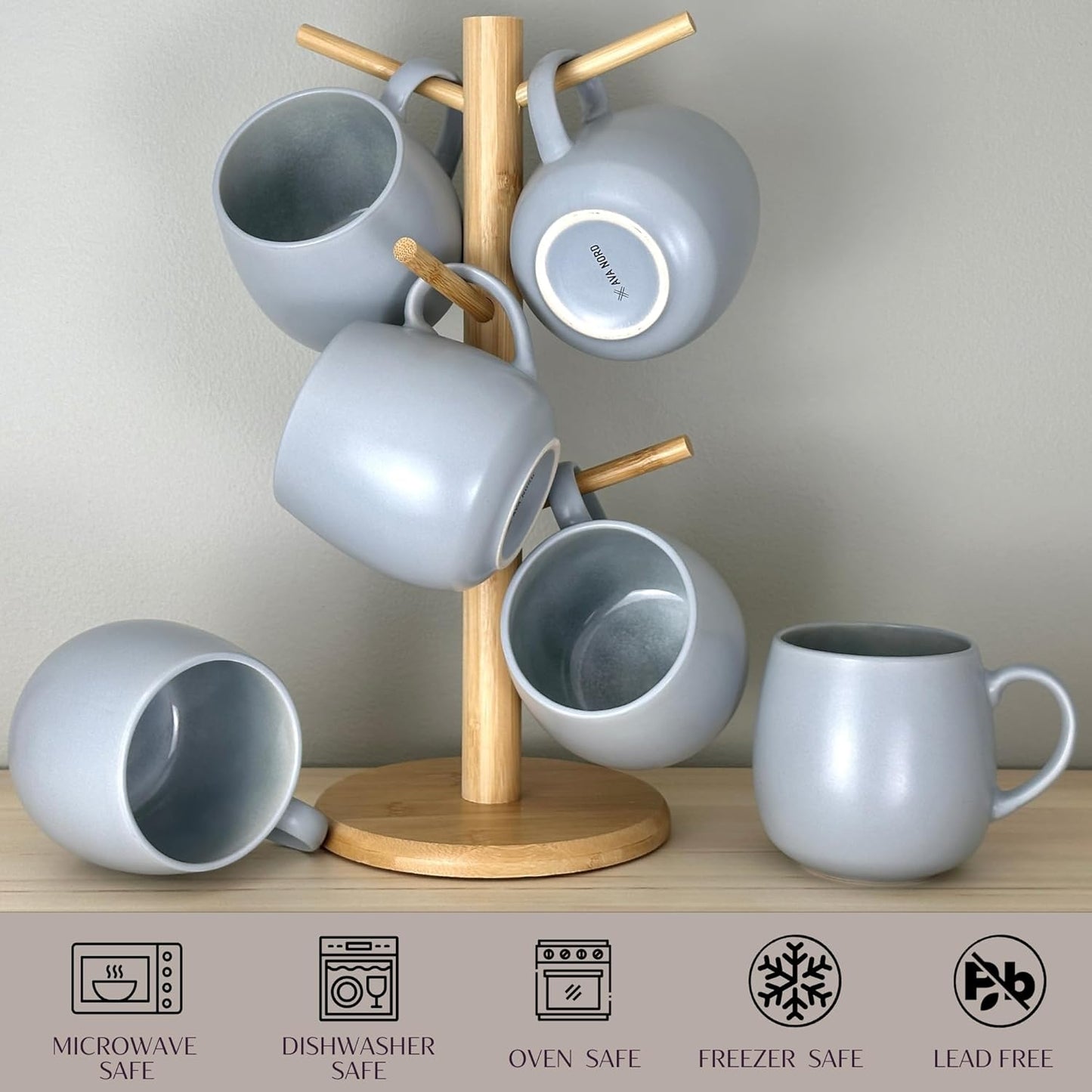 Ceramic Coffee Mugs Set of 6, 14oz - Modern Scandinavian Aesthetic - Microwavable Stoneware Coffee Cups with Comfortable Handle - Tea Mug Set for Latte, Cappuccino, Soup - Pale Blue Mist