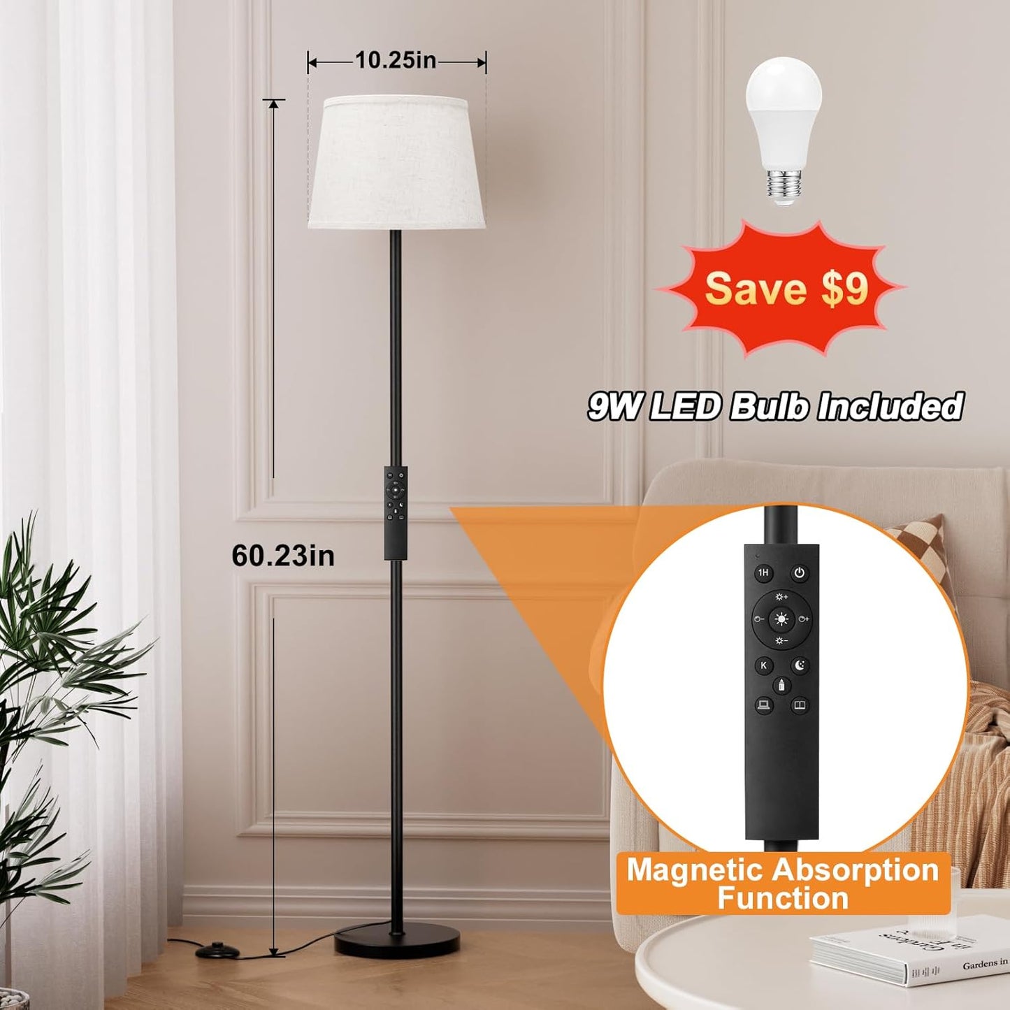 【Upgraded Floor Lamps for Living Room, Modern Floor Lamp with Remote Control, Dimmable Colors Temperature Standing Lamp Foot Switch, 9W LED Bulb Tall Lamps for Bedroom Office Kid Room