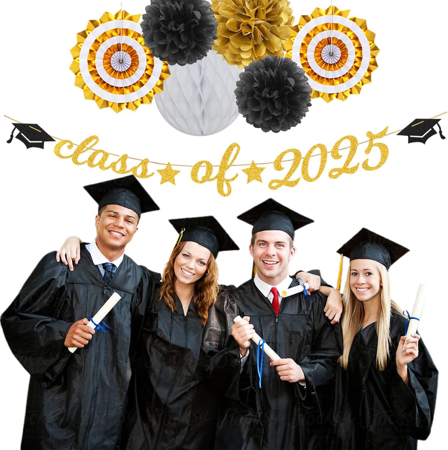 Black Gold Party-Decoration Graduation Banner - 14pcs Kits Cap Garland Streamers, Paper Tissue Pom Poms Flowers Fans Honeycomb,Class Of 2025 College High School Grad Decor Hugfond