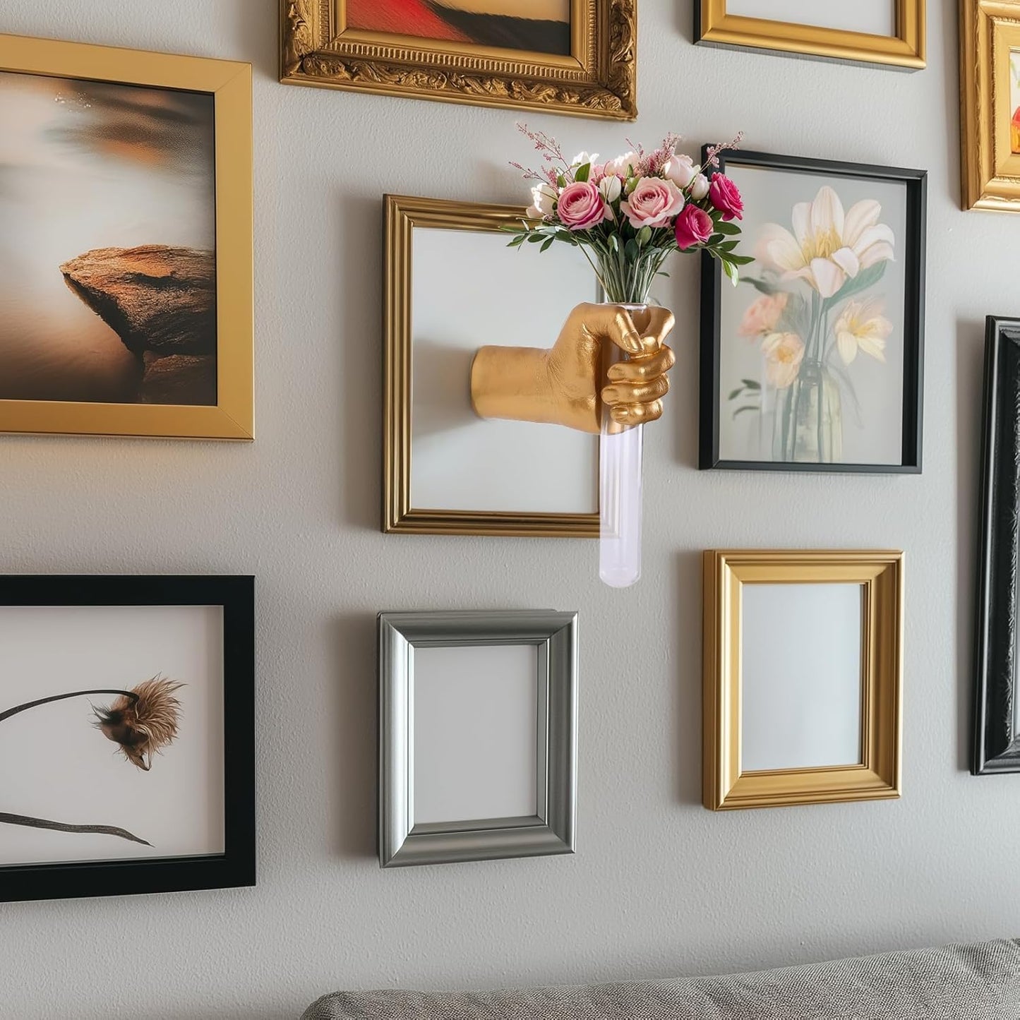 Gold Wall Sculptures, Hand Vases Home Decor, Wall Mount Art Sculpture, Unique Wall Art Statue, Funky Flower Vase Decorations, Modern Eclectic Hanging Decor,Glass Test Tube Vase