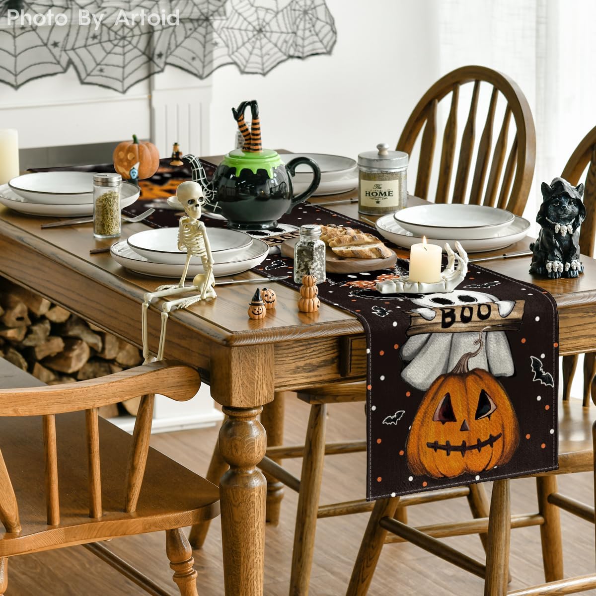 Artoid Mode Polka Dot Ghost Pumpkin Cat Boo Halloween Table Runner, Bat Seasonal Fall Kitchen Dining Table Decoration for Home Party Decor 13x36 Inch