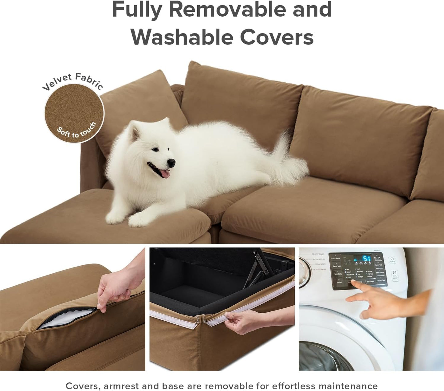 mopio Oversized Modular Sectional Sofa with Fully Removable Covers and Storage, Convertible U, L-Shaped and Sleeper Sectional, Modern Couches with Ottoman Chaise (Hazelnut Velvet, Loveseat)