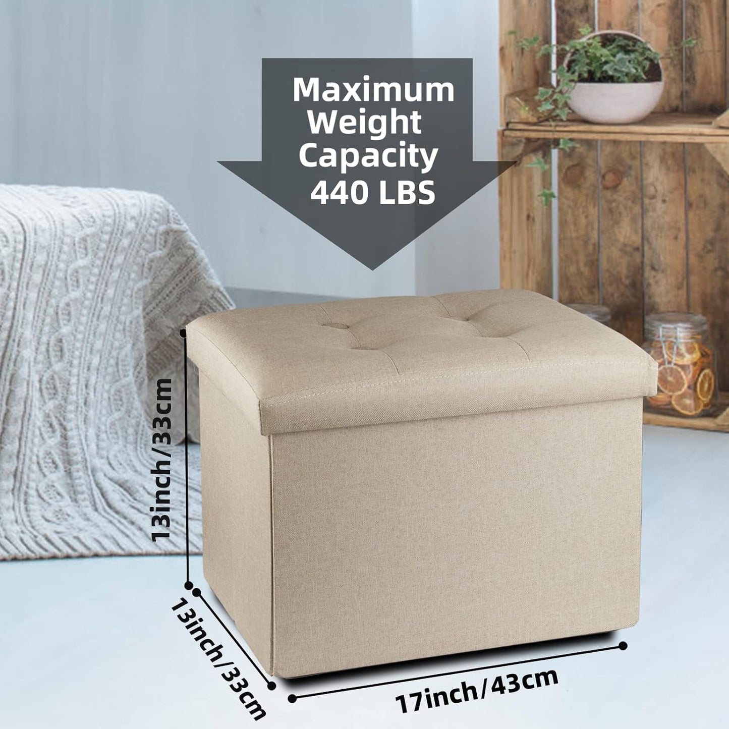 ALASDO Storage Ottoman Footrest Stool Small Ottoman with Storage Foldable Ottoman Foot Rest Footstool Bench for Living Room 17x13x13inches Beige