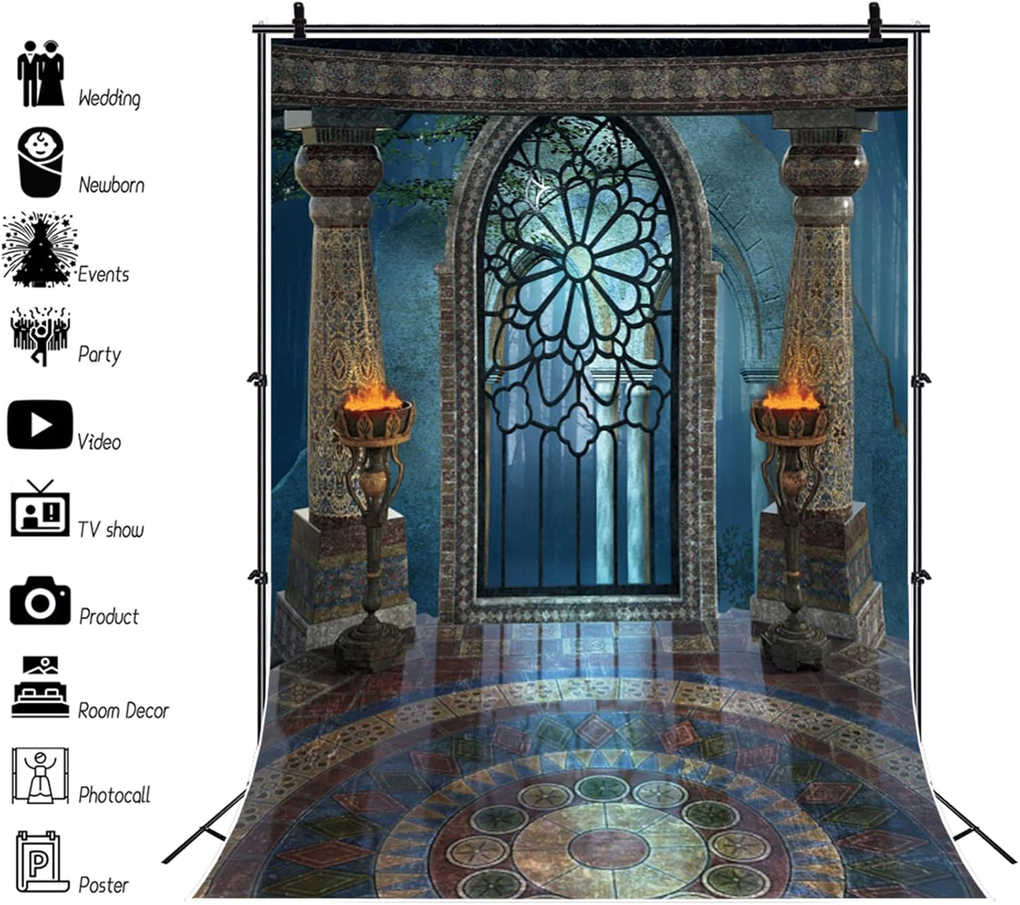 Renaiss 3x5ft Medieval Castle Backdrop for Photoshoot Portrait Pillar Torch Gothic Stone Tower Ancient Old Fortress Interior Photography Background Halloween Party Decor Wallpaper Photo Studio Props