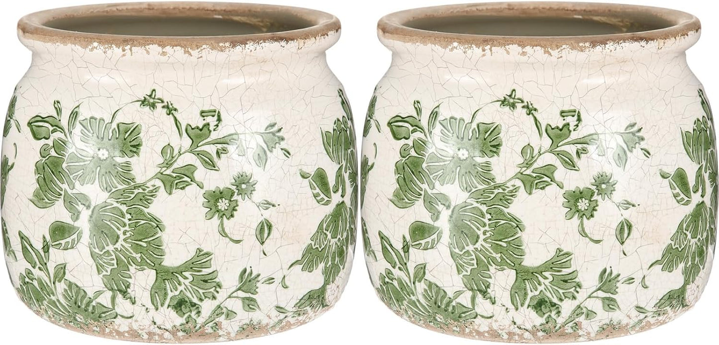 2 Pcs Vintage Planter Large Ceramic Plants Pot Beige Green Vintage Floral Ice Crack Cottage Scroll Vase Flower Vase Pot Indoor Plants Home Kitchen Decor Farmhouse Antique Decorative Gifts