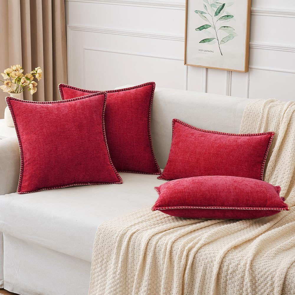 MIULEE Pack of 2 Christmas Pillow Covers 18x18 Inch Red Farmhouse Decorative Throw Pillow Covers with Stitched Edge Soft Chenille Solid Dyed Couch Pillow Covers for Sofa Bed Living Room