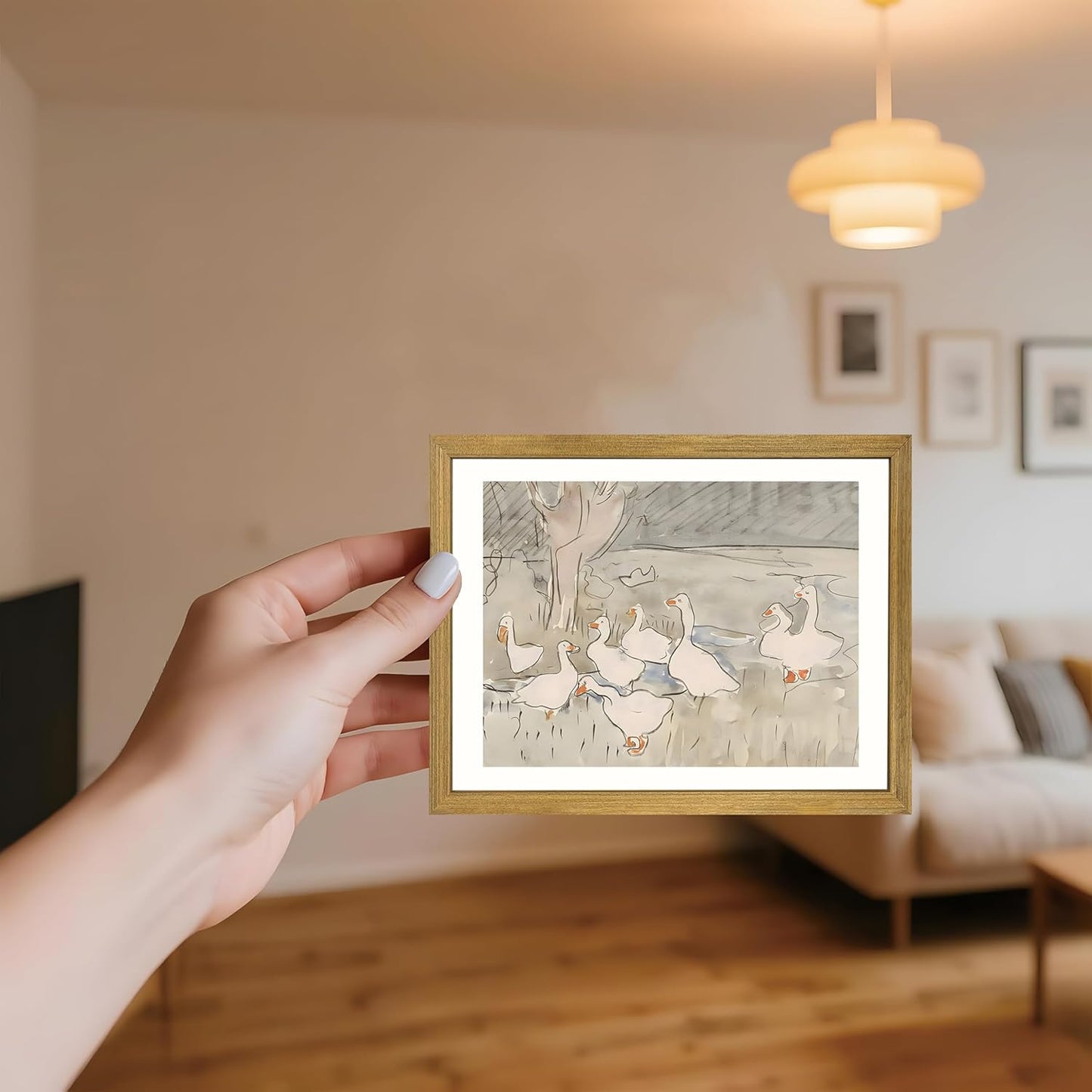 Vintage Framed Goose Wall Art Watercolor Print, Rustic Farm Duck Decor Canvas Painting, Minimalist Pastoral Poster Picture, Country Cottage Wall Decor for Living Room Kitchen Bathroom Bedroom 8x10 in