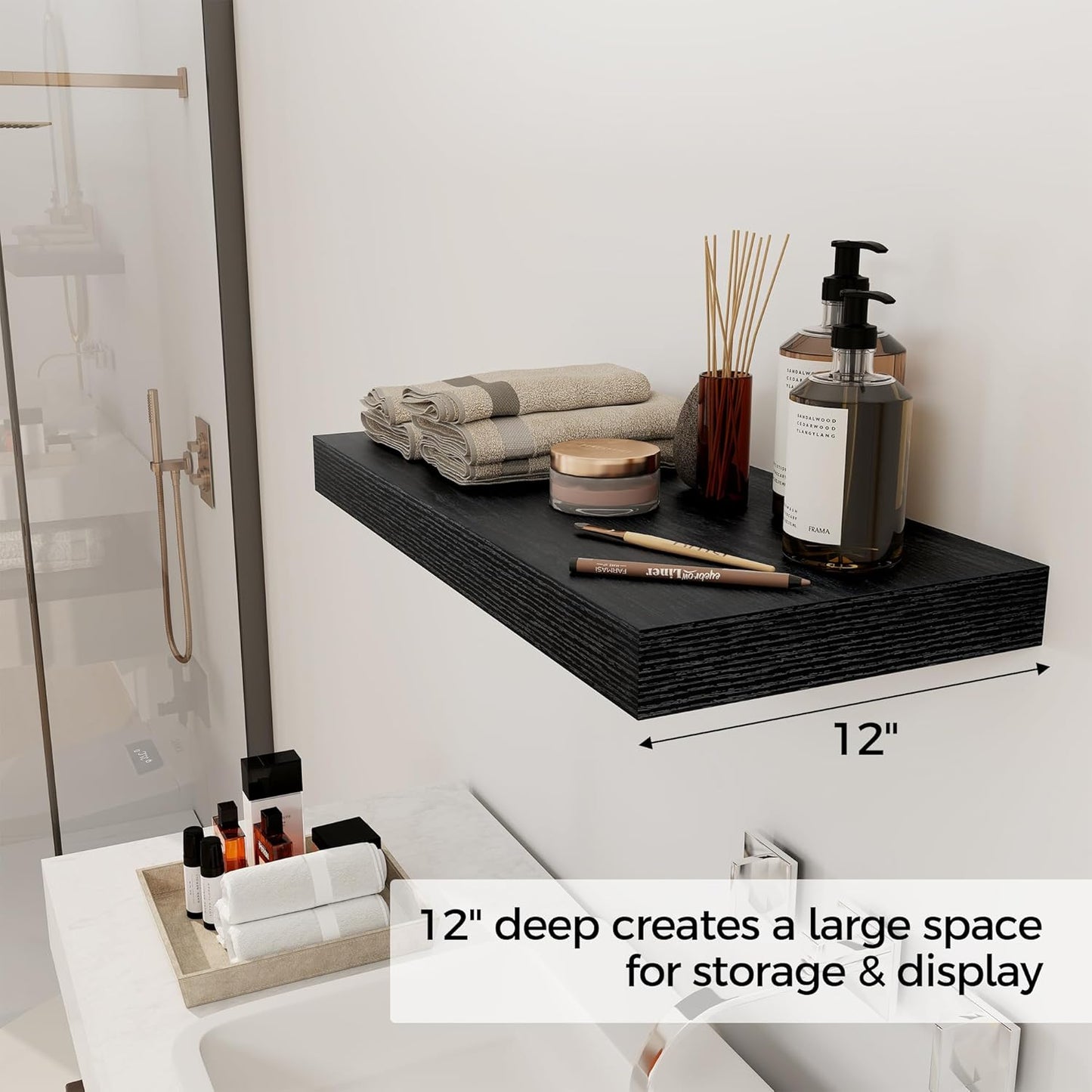 12 Inch Deep Black Floating Shelves, 24 x 12 Floating Shelf for Books, Rustic Wood Deep Wall Shelves for Home Storage & Display, 2" Thicked Shelves for Kitchen, Living Room, Bedroom, 1 Pack