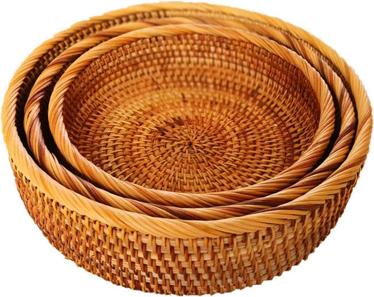 3 Pack Hadewoven Round Rattan Fruit Basket Wicker Food Tray Weaving Storage Holder Dinning Room Bowl, 10 Inch Small Wicker Basket Serving Tray Woven Basket for Bread,Snack,Brown(3-Size Kit)