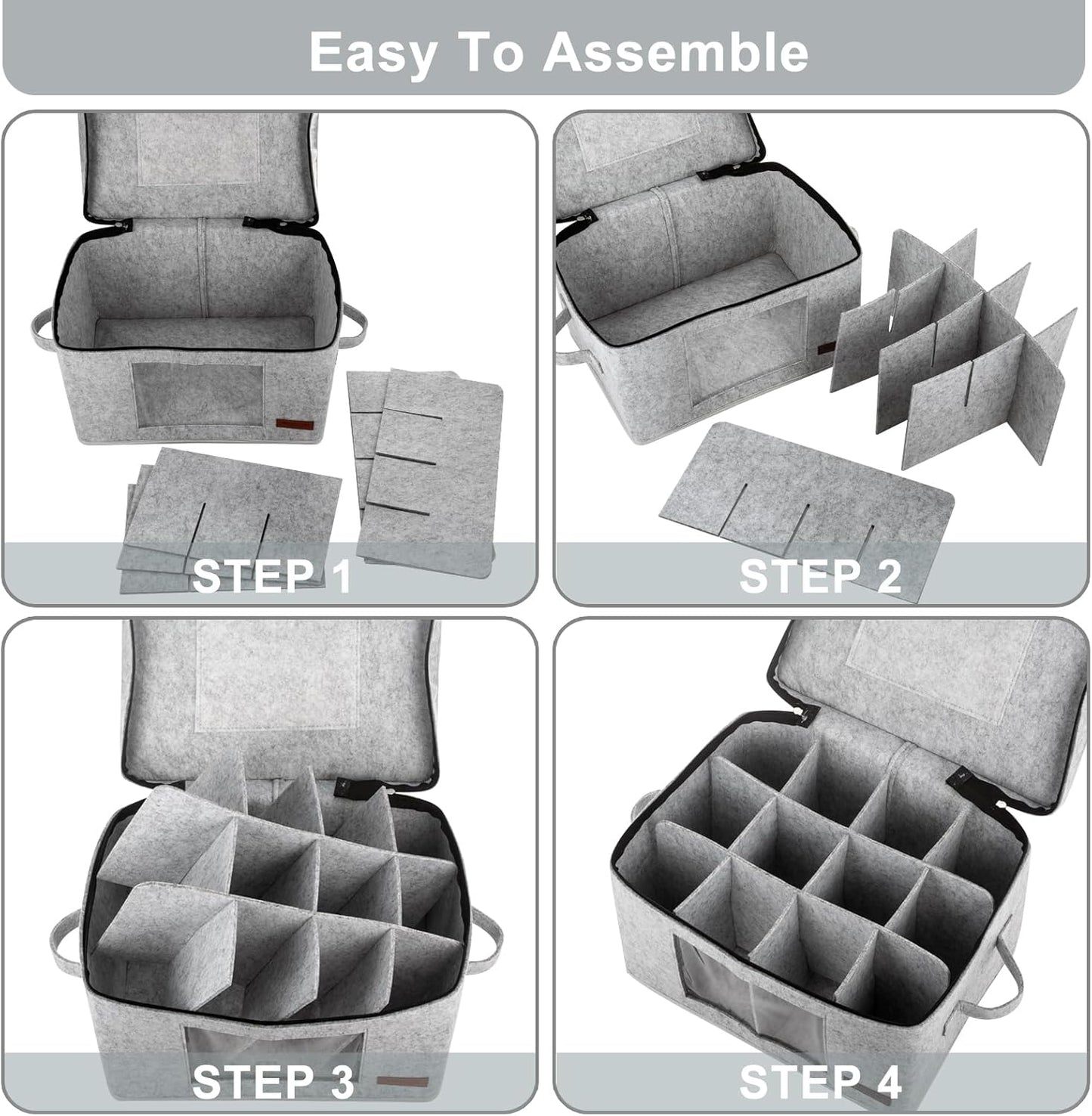 2 Pack Wine Glass Storage Box with Dividers, Stemware Storage Containers for Packing and Moving, China Storage Containers Box for 12 Crystal Glassware, Wine Glasses, Drinkware,Light Gray