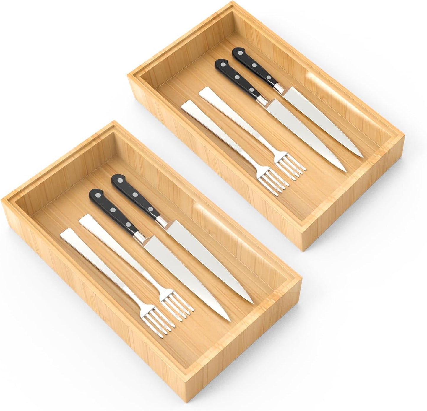 Bamboo Drawer Organizer, 2PCS Stackable Storage Boxes for Utensil Organizer, Wood Tray for kitchen, Bathroom and Bedroom 12" x 6" x 2"