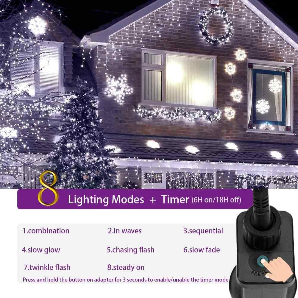 YASENN 300Led Icicle Style String Lights 29.5FT,Update Connectable 8 Lighting Modes with Timer Icicle Lights for Home Garden Outdoor Indoor Eave Decor (Cool White LED White Cable)