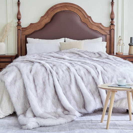 Fluffy Faux Fur Throw Blanket – Super Soft Warm Thick Plush Blanket for Bed, Couch & Office, Cozy Fuzzy Throw with Flannel Backing,90"x90", White