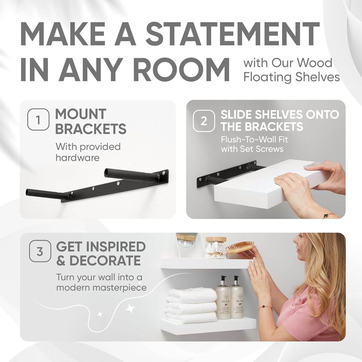 Homeforia White Floating Shelf 18 inch, High End Solid Real Wood 18inch Bathroom Floating Shelves for Wall Mounted, White Wooden 18in Floating Shelves, Heavy Duty Bracket, 18 X 6.5 X 1.75 in, Set of 4