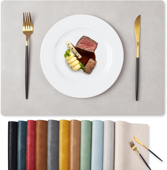 MOSAYT Vinyl Placemats Set of 4-12 X 17 Inch - Faux Leather 100% Waterproof Oil-Proof Wipeable PU Place Mats, Heat Resistant Reversible Table Mats for Kitchen, Dining, Outdoor (Light Grey)