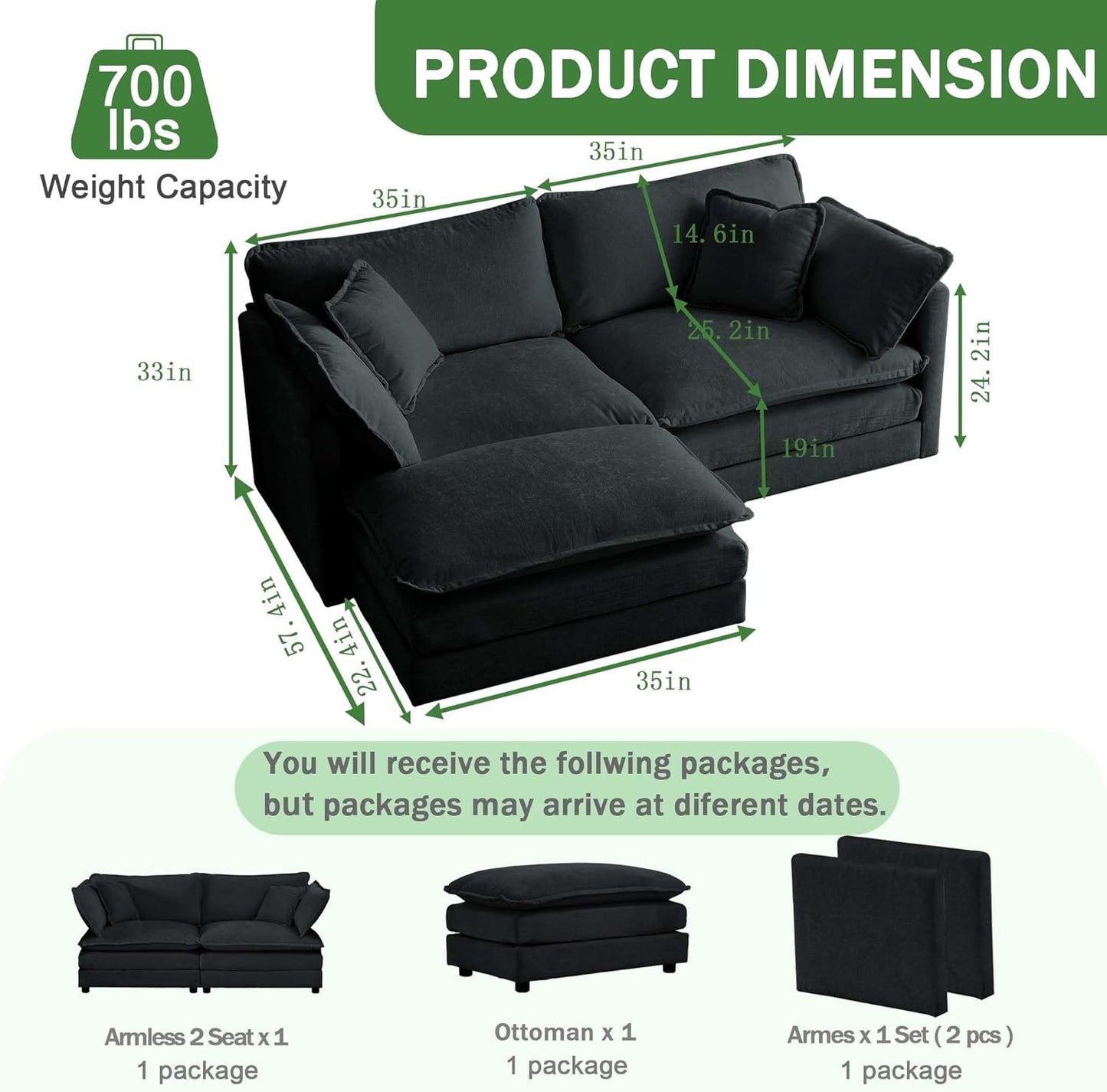 Sectional Sofa 2 Seater with Movable 1 Ottoman,Oversized Modular Couch Deep Seat (Black, 76.7 inch-L)