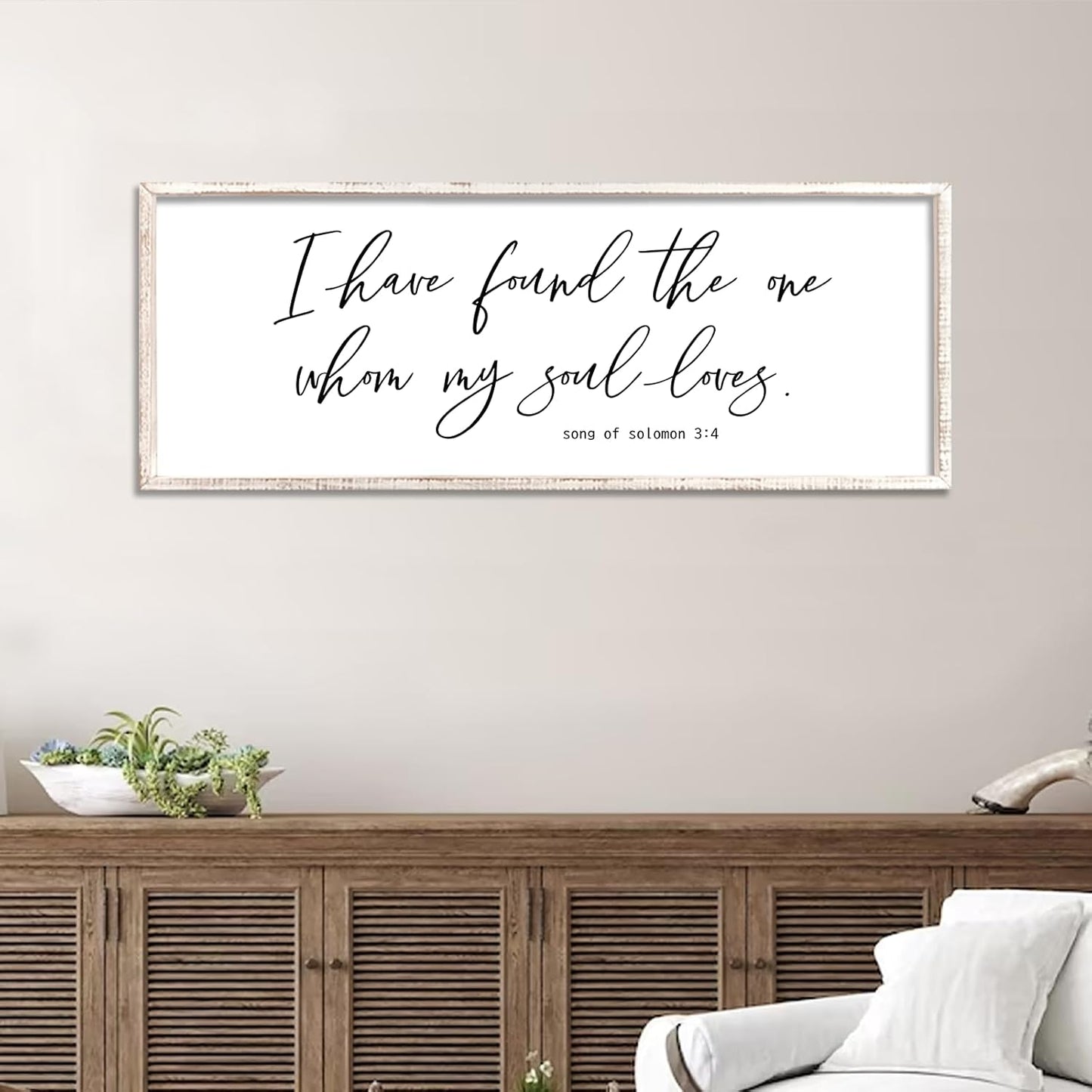 I Have Found The One Whom My Soul Loves Sign Wall Art Decor 40"x15" Modren Master Bedroom Above Bed Wood Framed Song of Solomon 3:4 Large Living Room Bible Verse Wall Hanging (White)