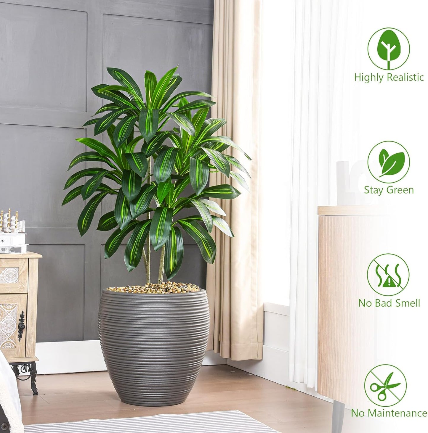 Artificial Dracaena Tree Artificial Silk Tree Faux Tree with White Tall Planter Fake Tropical Yucca Floor Plant (1, White Planter, 4 FT)