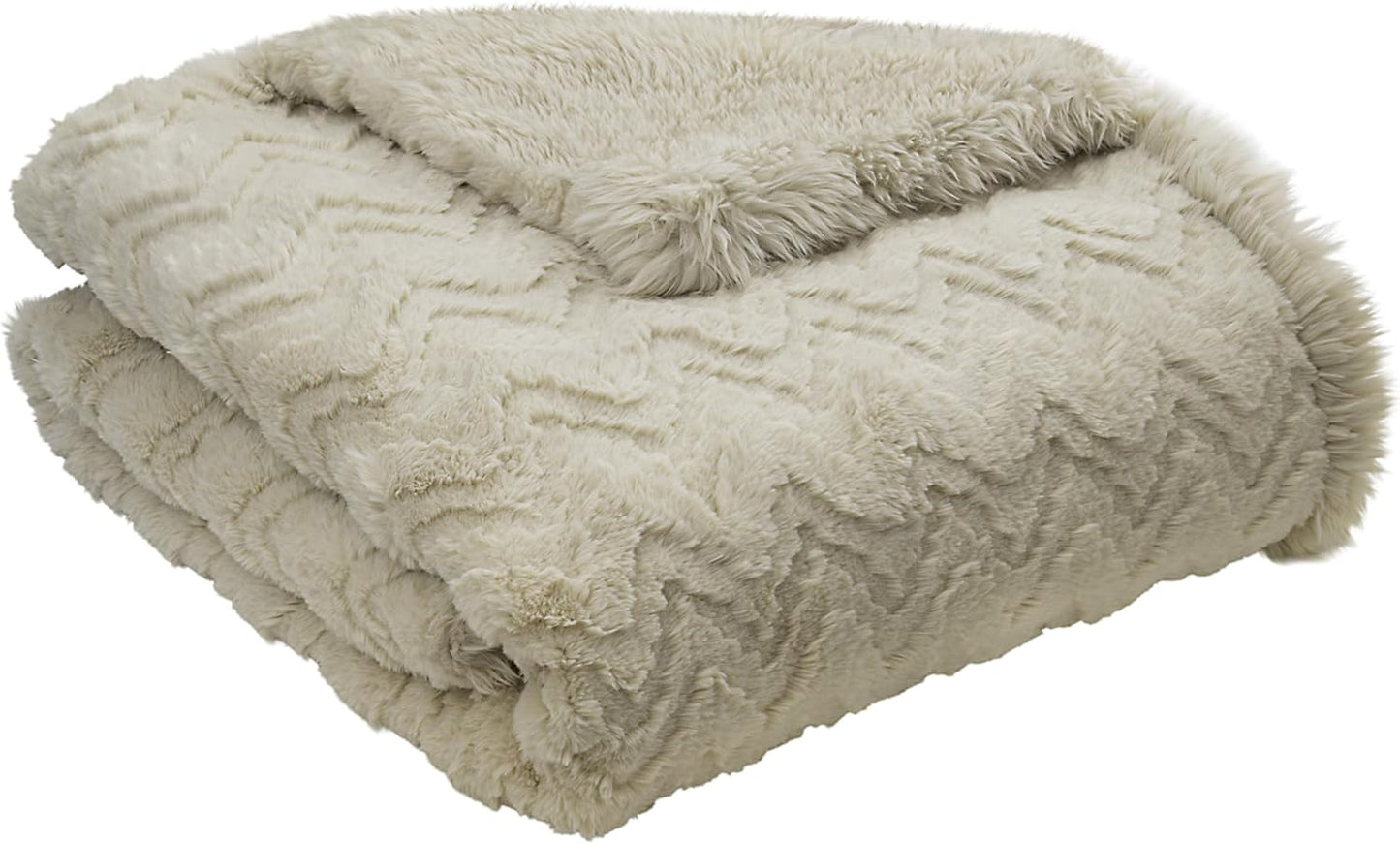 Mon Chateau Premium Reversible Queen Size Luxury Faux Fur Throw for Couch, Sofa, or Queen Size Bed - Plush Cozy Soft Blanket for Sleeping or Home Décor, 60" x 70" (Beige Jacquard)