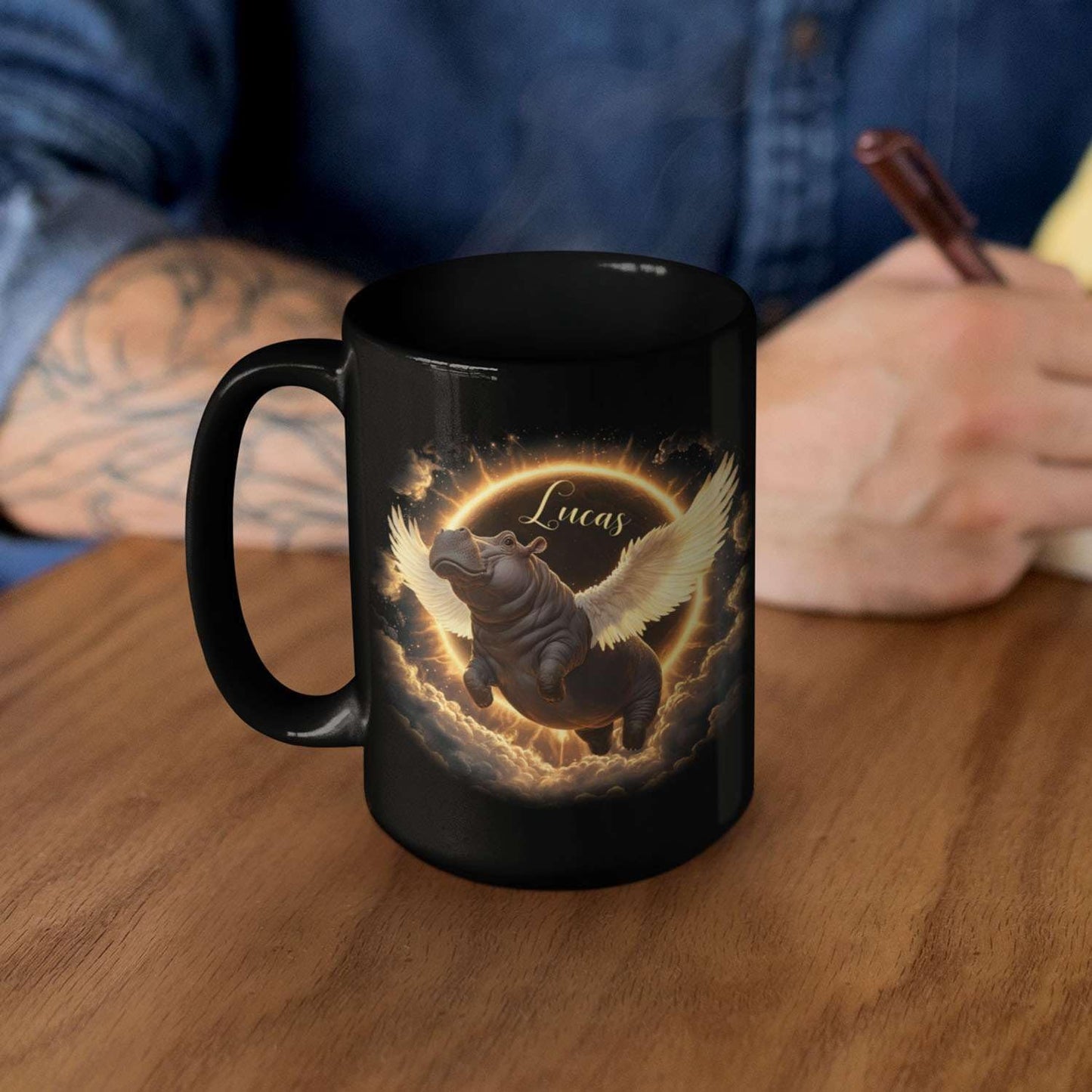 Personalized Choose Name Coffee Mug, Custom Hippo Ceramic Coffee Cup 11oz 15oz, Fantasy Animal Black Cup for Kids, Custom Whimsical Hippo with Wings Mug, Gifts for Holiday