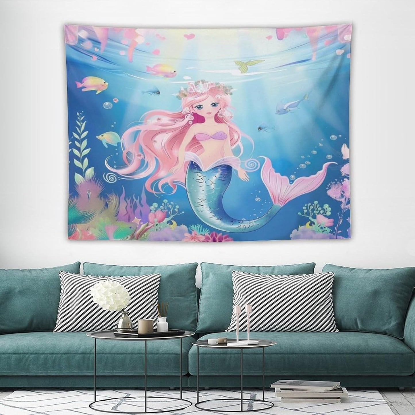 HZOHNAGO Mermaid Girls Tapestry Watercolor Mermaid Princess Pattern Printed Wall Tapestry Wall Hanging for Bedroom Living Room Dorm 80" W x 60" H