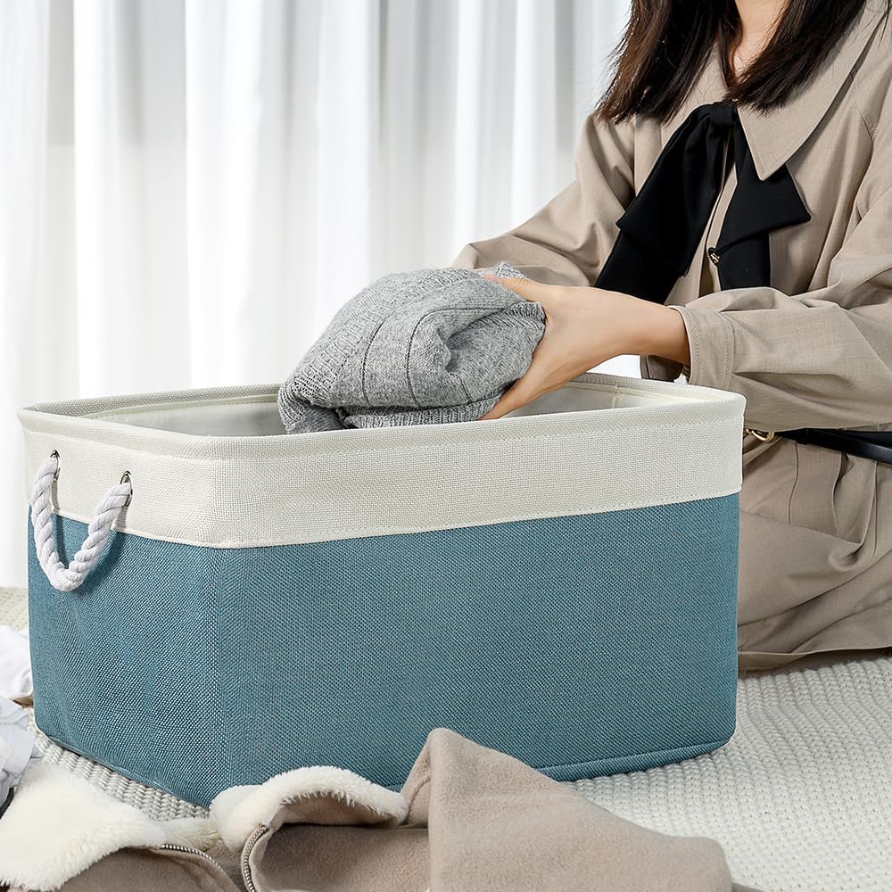 TheWarmHome Storage Baskets for Organizing - Extra Large 3 Pack 17x14x10 inch Storage Bins for Shelves Closet Nursery Bathroom Bedroom Baby Clothes Dog Toy Home Organization (White & Green)