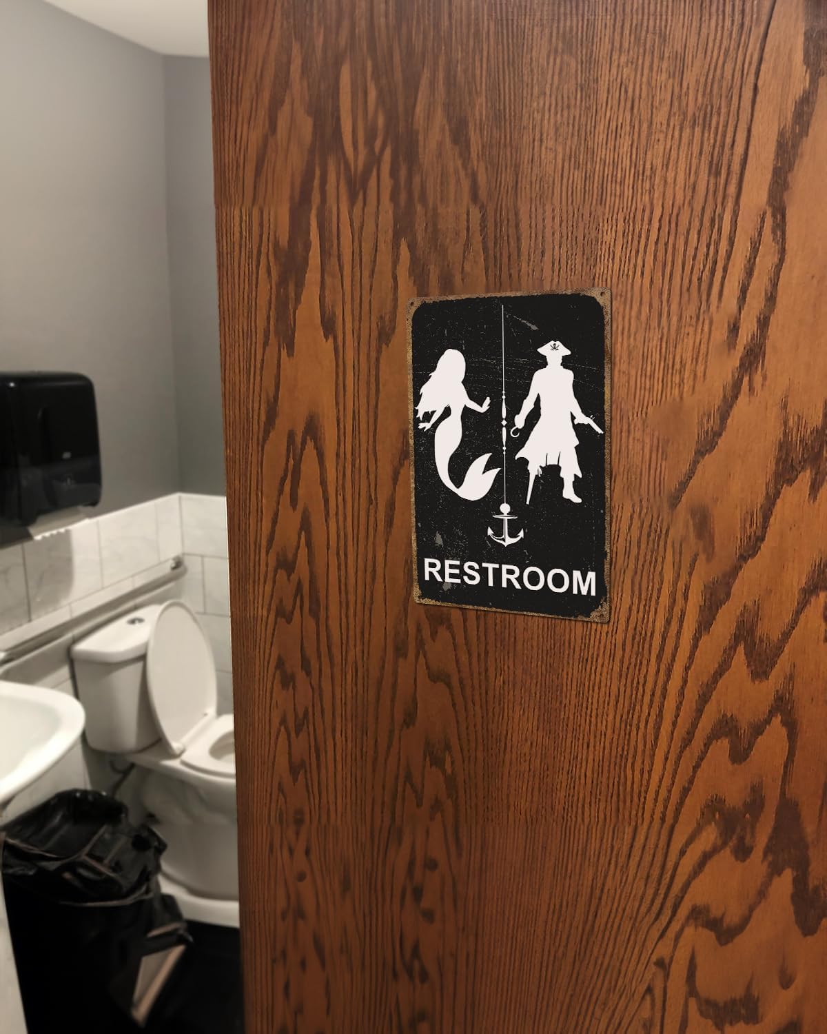 ALKB Nautical Themed Vintage Restroom Door Sign Fun Mermaid and Pirate Sign Suitable for Ocean, Beach, Ship Themed Wall Decor 8x12 Inch