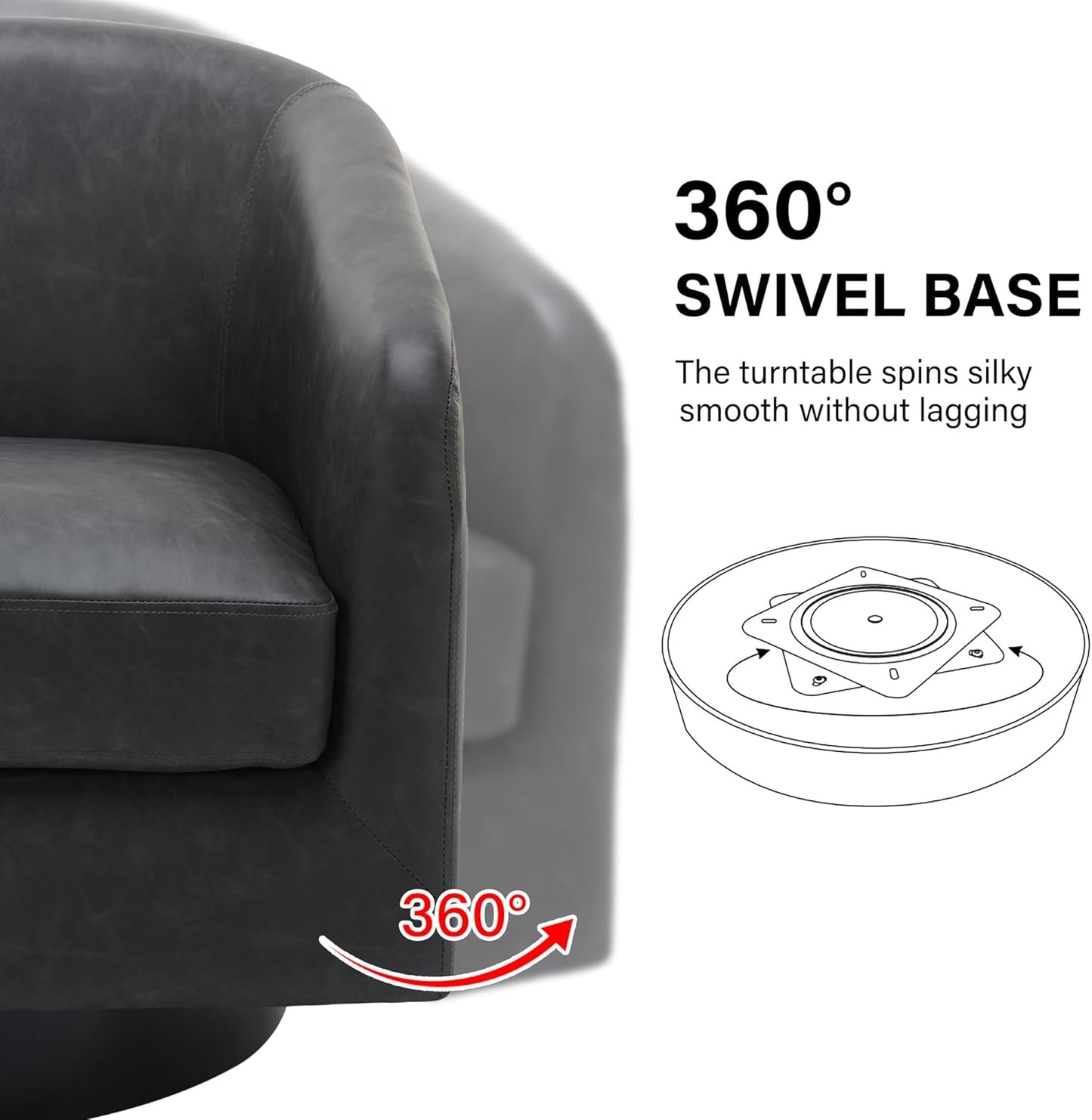 Swivel Barrel Accent Chair, Modern Round Faux Leather Arm Chair for Living Room, Bedroom, Comfy Club Reading Chairs for Adults (Faux Leather, Black Grey, Set of 2)