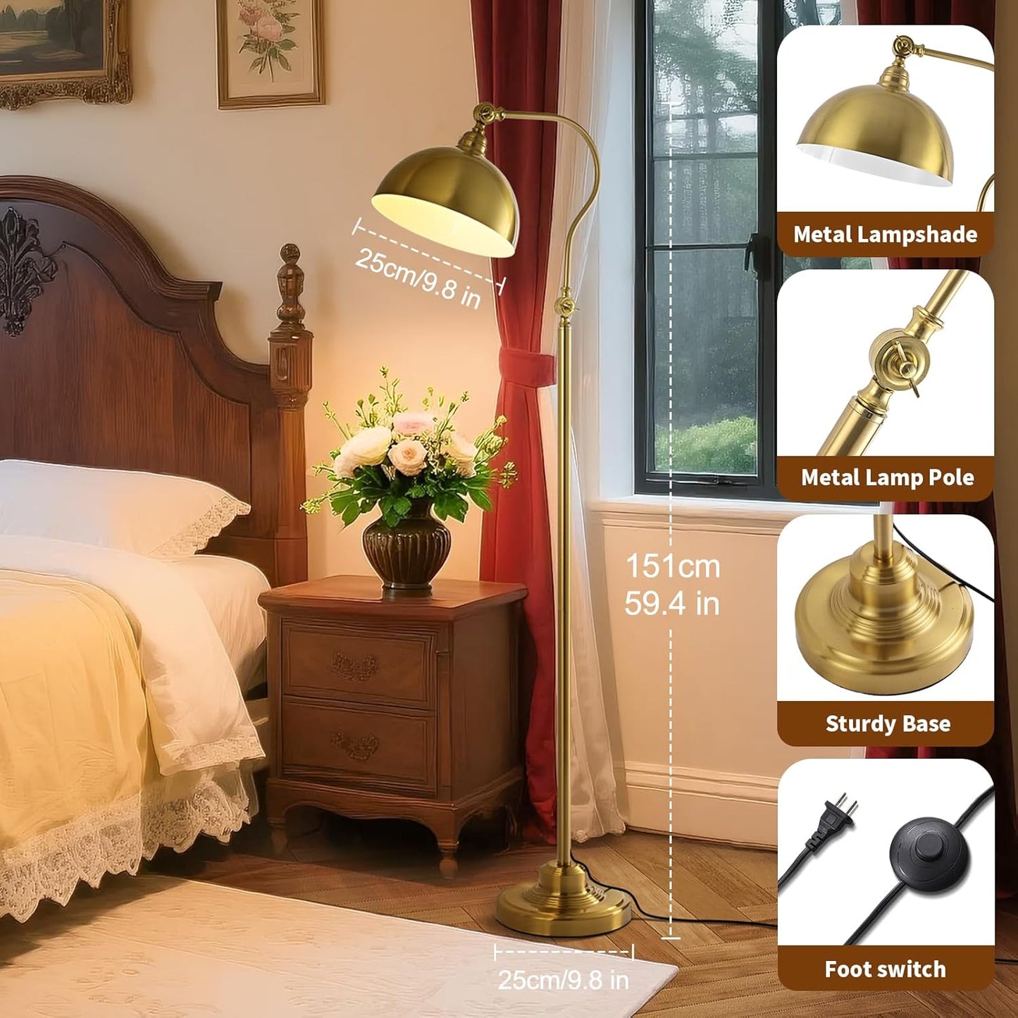 Bright LED Gold Reading Floor Lamp with Remote Control and Bluetooth Dimming,Living Room Bedroom Bedside Office Study Library Adjustable Standing Tall Lights, Unique Modern Brass Home Decor Essentials