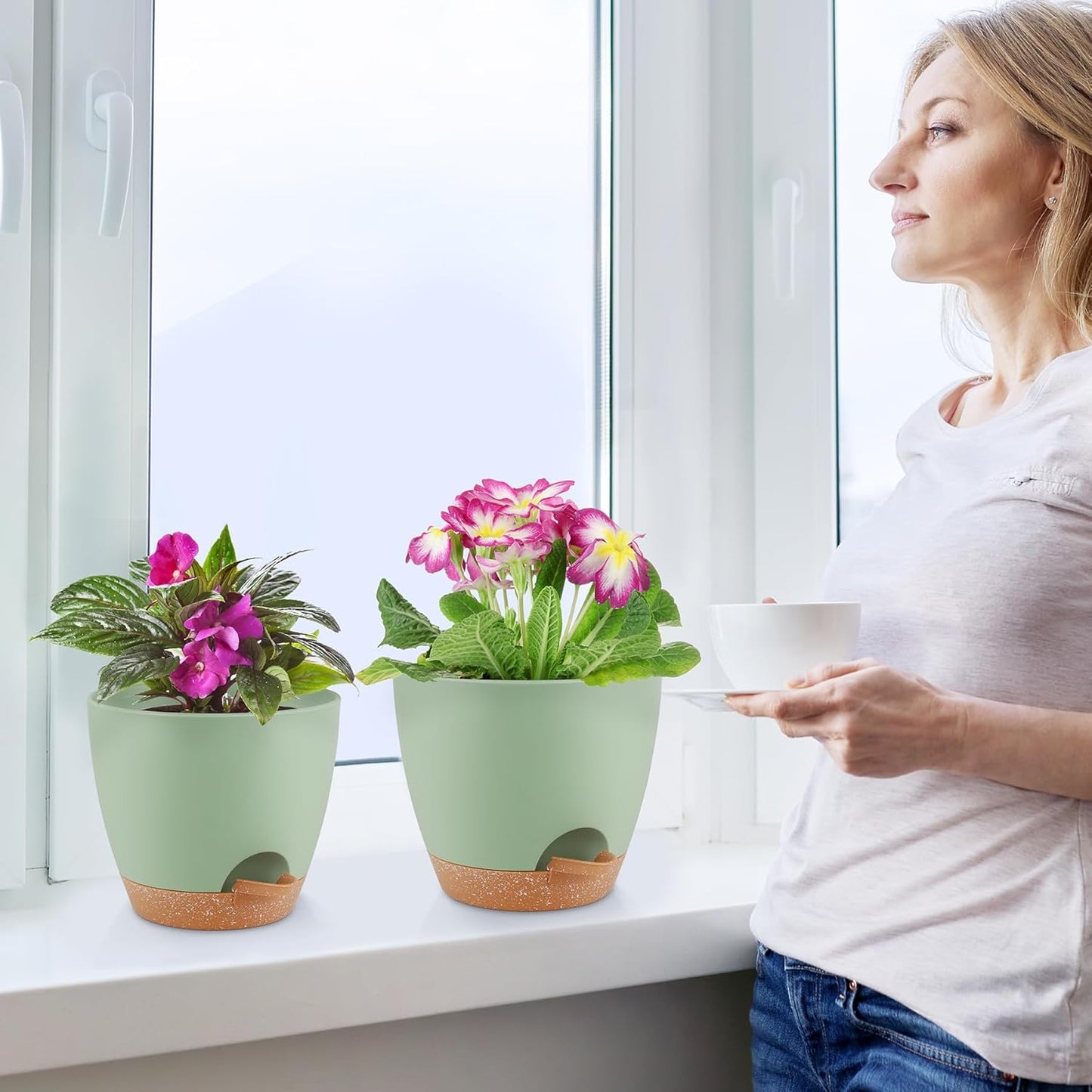 Plant Pots 8/7/6.5/6/5.5/5 Inch Self Watering Pots, Set of 6 Plastic Planters with Drainage Holes and Saucers,Plastic Flower Pots,Nursery Planting Pot for Indoor Out Door Plants（Green）