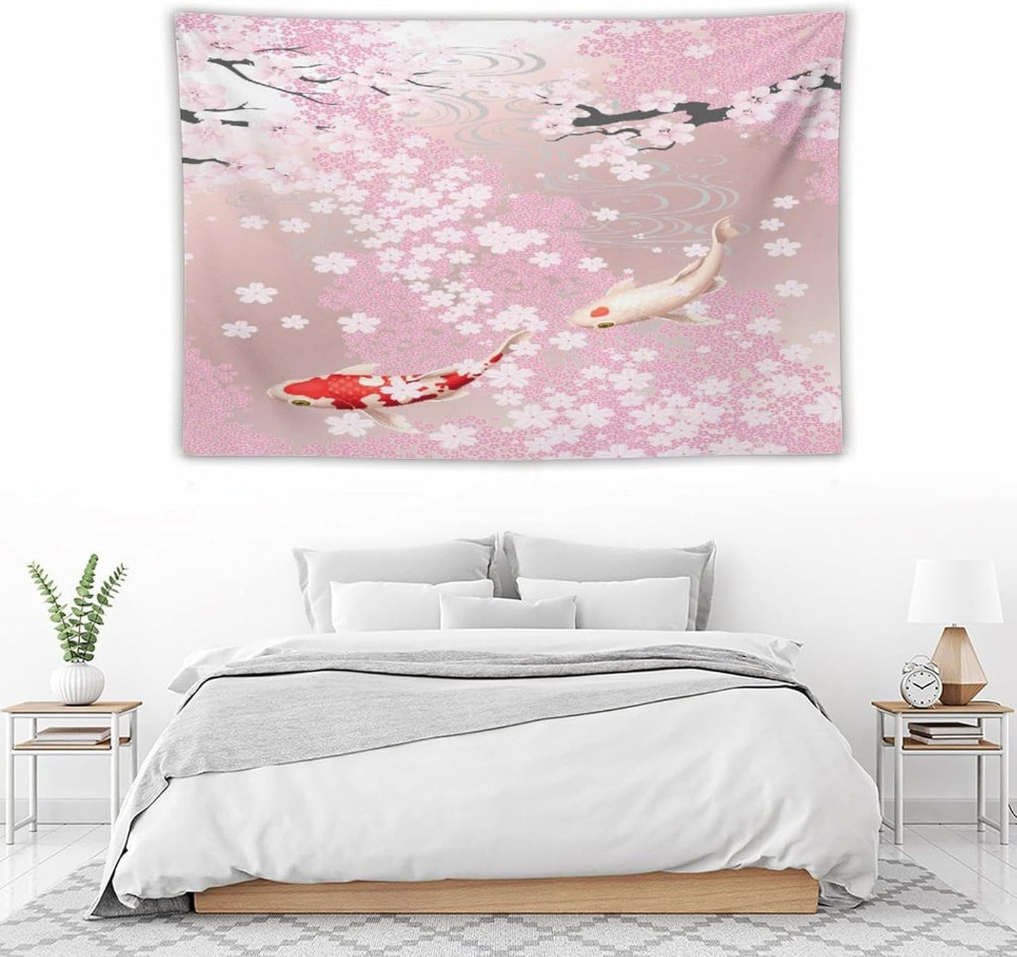 Houselerax Japanese Koi Fish Tapestry, Cherry Blossoms Asian Oriental Pink Flower Branch Koi Fish Carp Tapestries Wall Hanging for Bedroom Living Room Office Decor 60"x40"