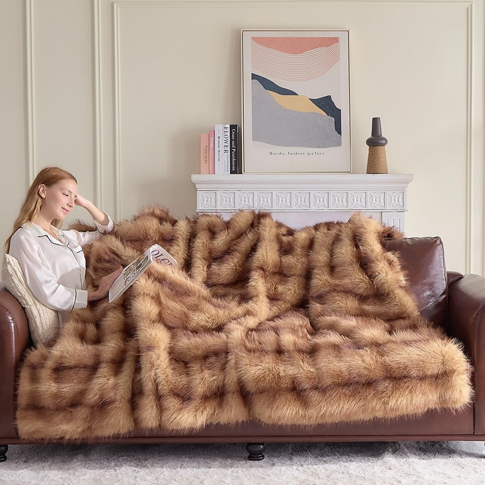 Fluffy Faux Fur Throw Blanket – Super Soft Warm Thick Plush Blanket for Bed, Couch & Office, Cozy Fuzzy Throw with Flannel Backing,50"x60", Brown