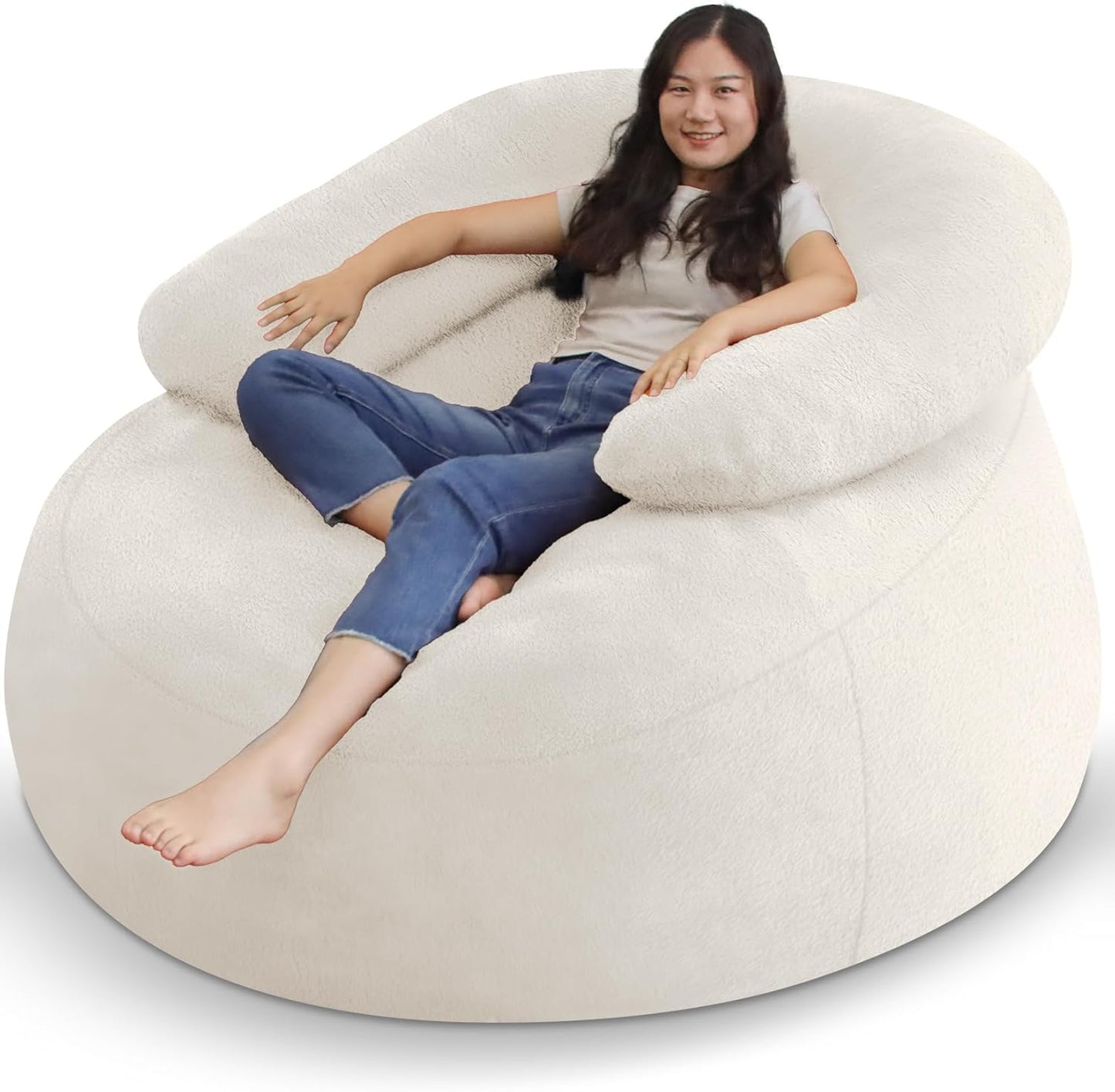 HABUTWAY Bean Bag Chair with U-Shaped Pillow for Adult and Kids Big BeanBag Chair with Filling Ultra Soft Faux Fur Couch Chair with Washable Cover for Living Room Bedroom Office, Beige & Beige