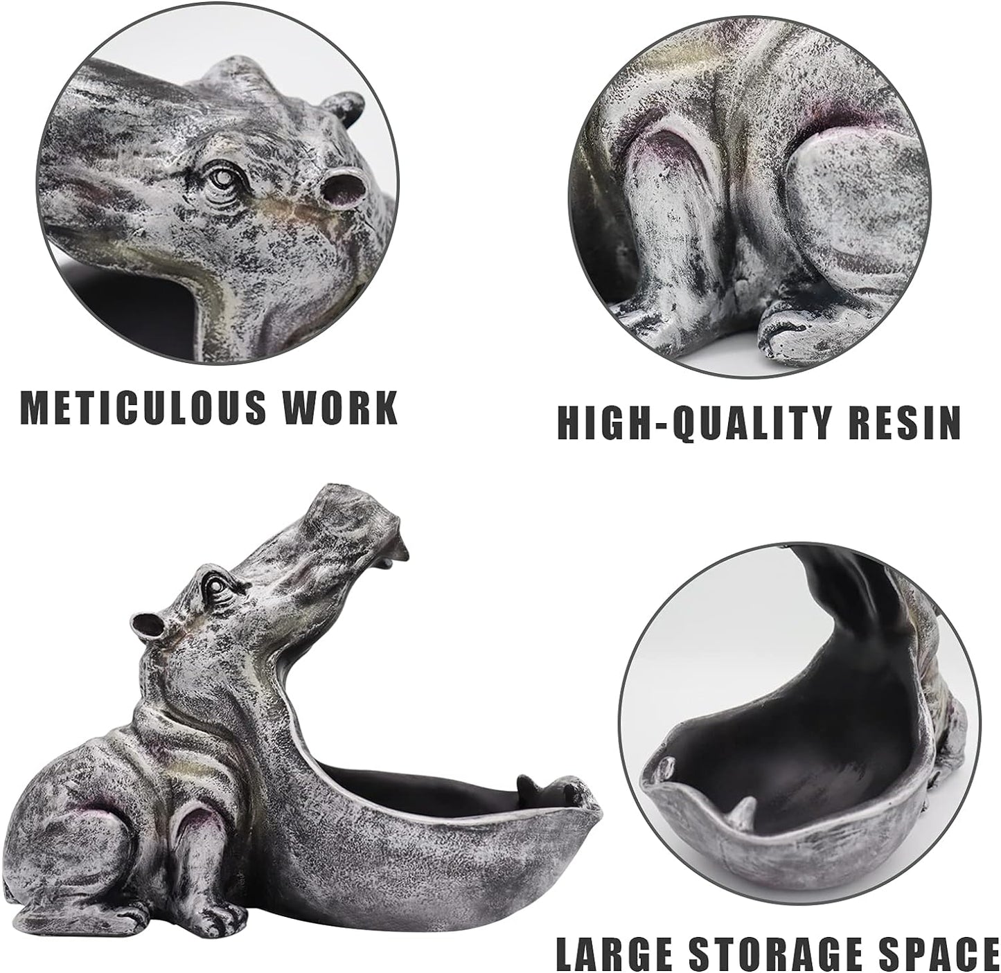 aboxoo Hippo Statue Home Resin Hippopotamus Figurine Fun Candy Dish,Key Bowl,Big Mouth Sculpture Table Art Decoration Sundries Container Storage Boxes (Grey)