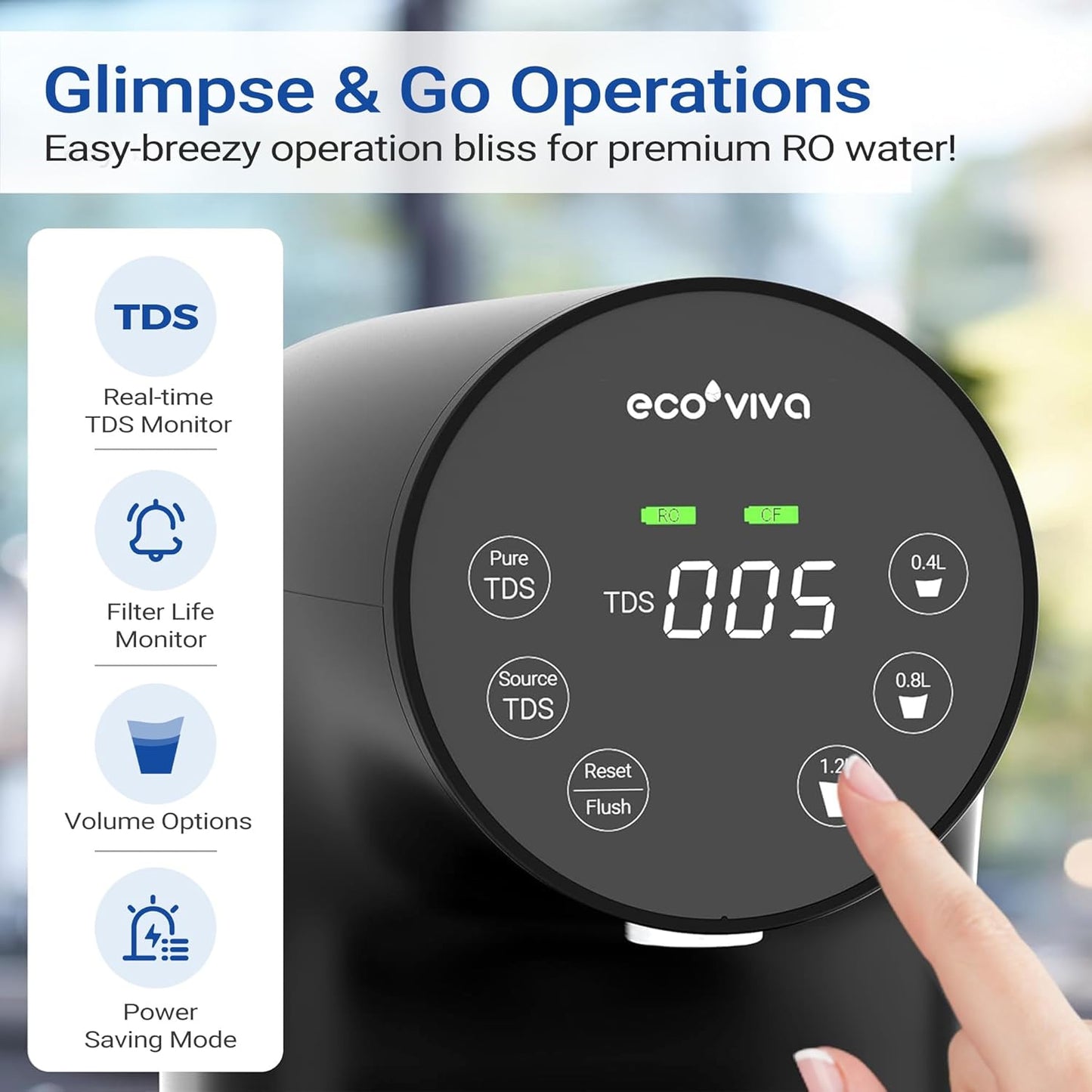 Ecoviva Countertop Reverse Osmosis System RO Water Filter, 5-Stage Filtration, Real-time TDS Monitor, 3:1 Pure to Drain, No Installation Portable Water Purifier-Black